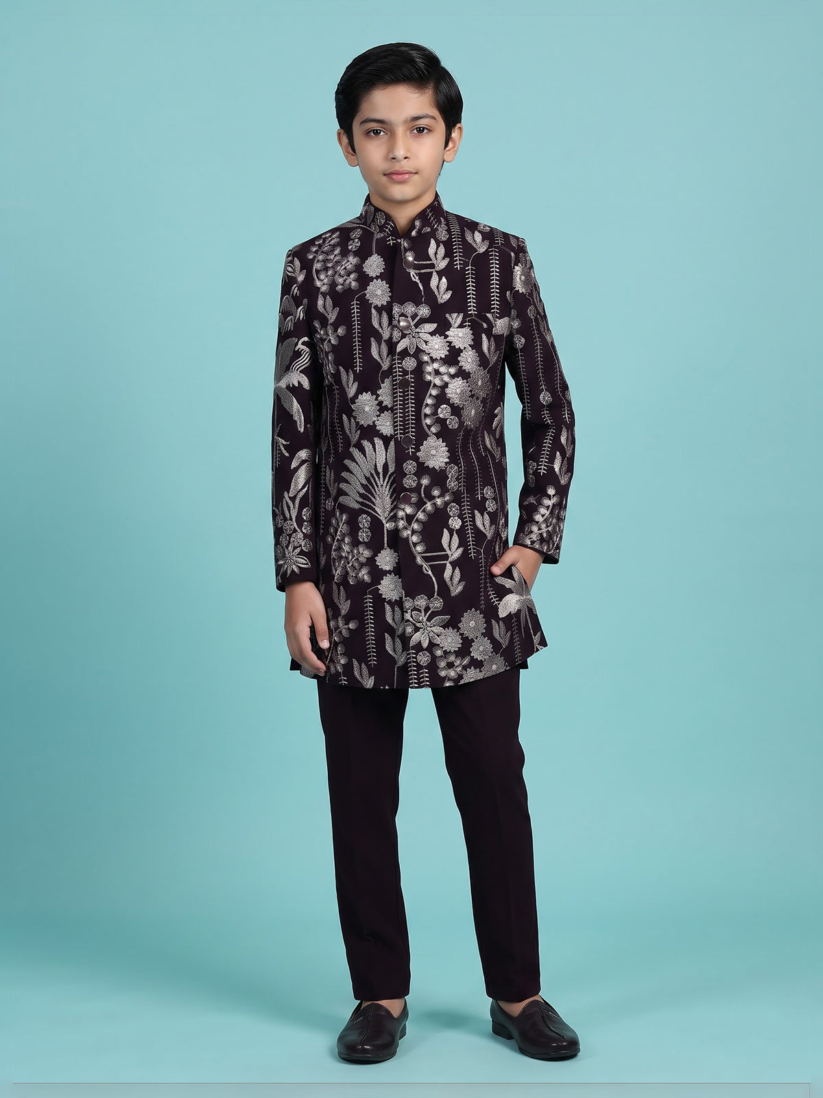 Wine terry rayon indowestern set with floral sequin elegance