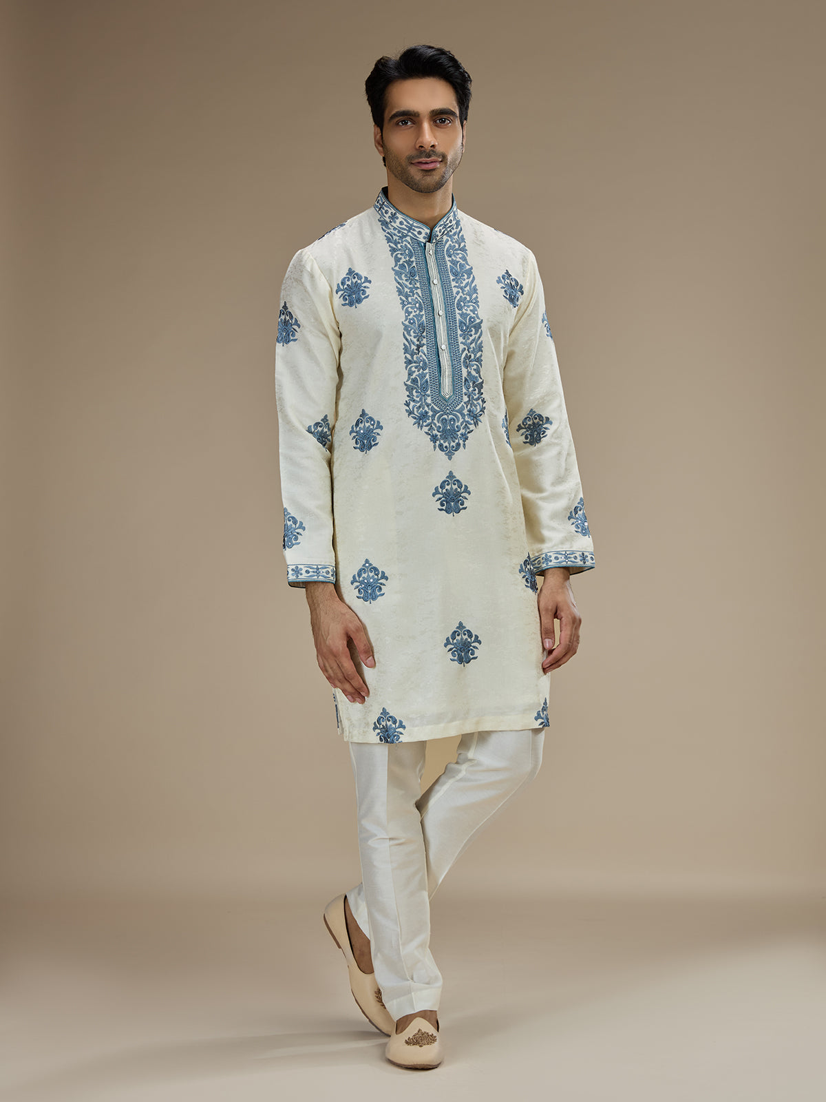 Cream men blue baroque floral kurta suit