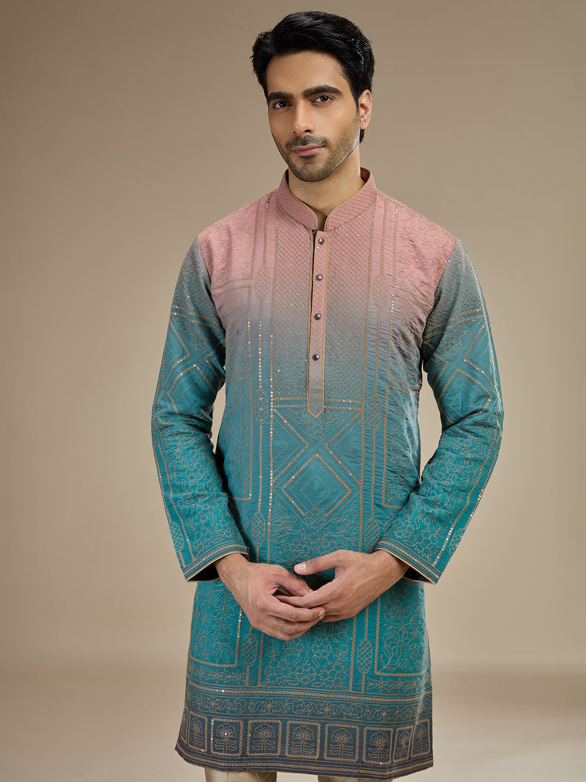 Blue men shaded chanderi embroidered kurta pajama