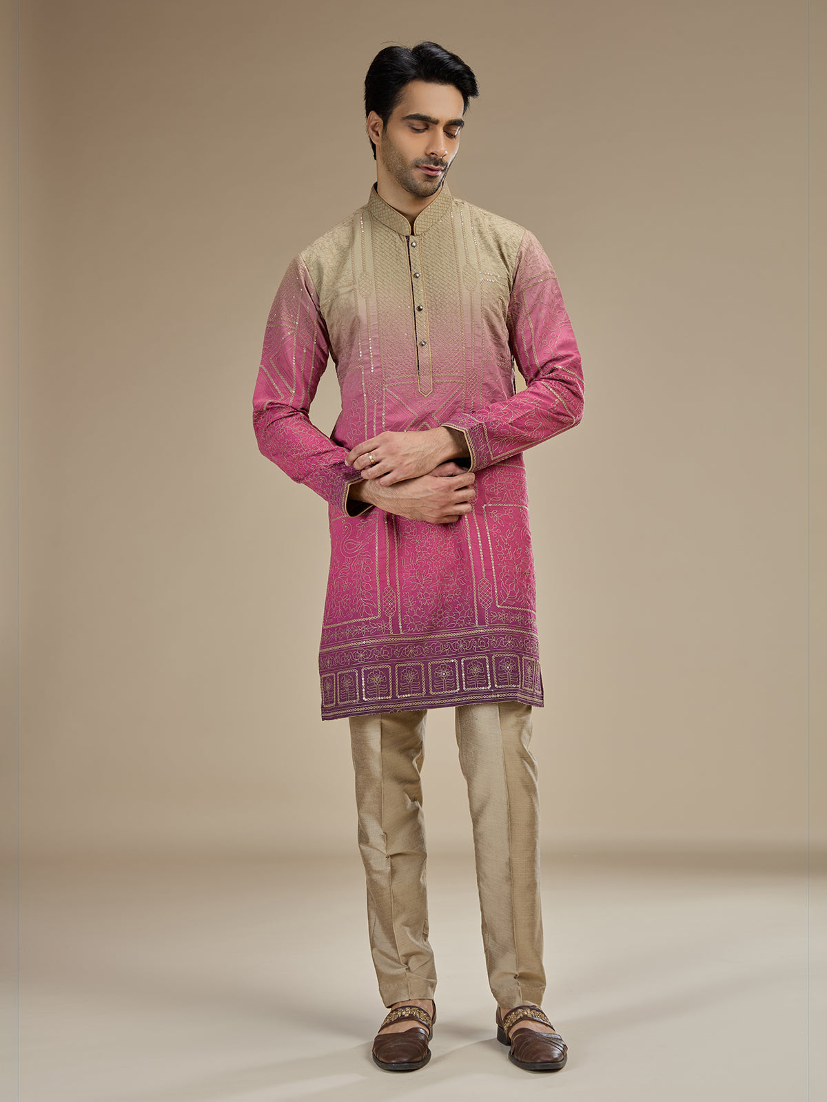 Pink men ombre chanderi threadwork kurta suit