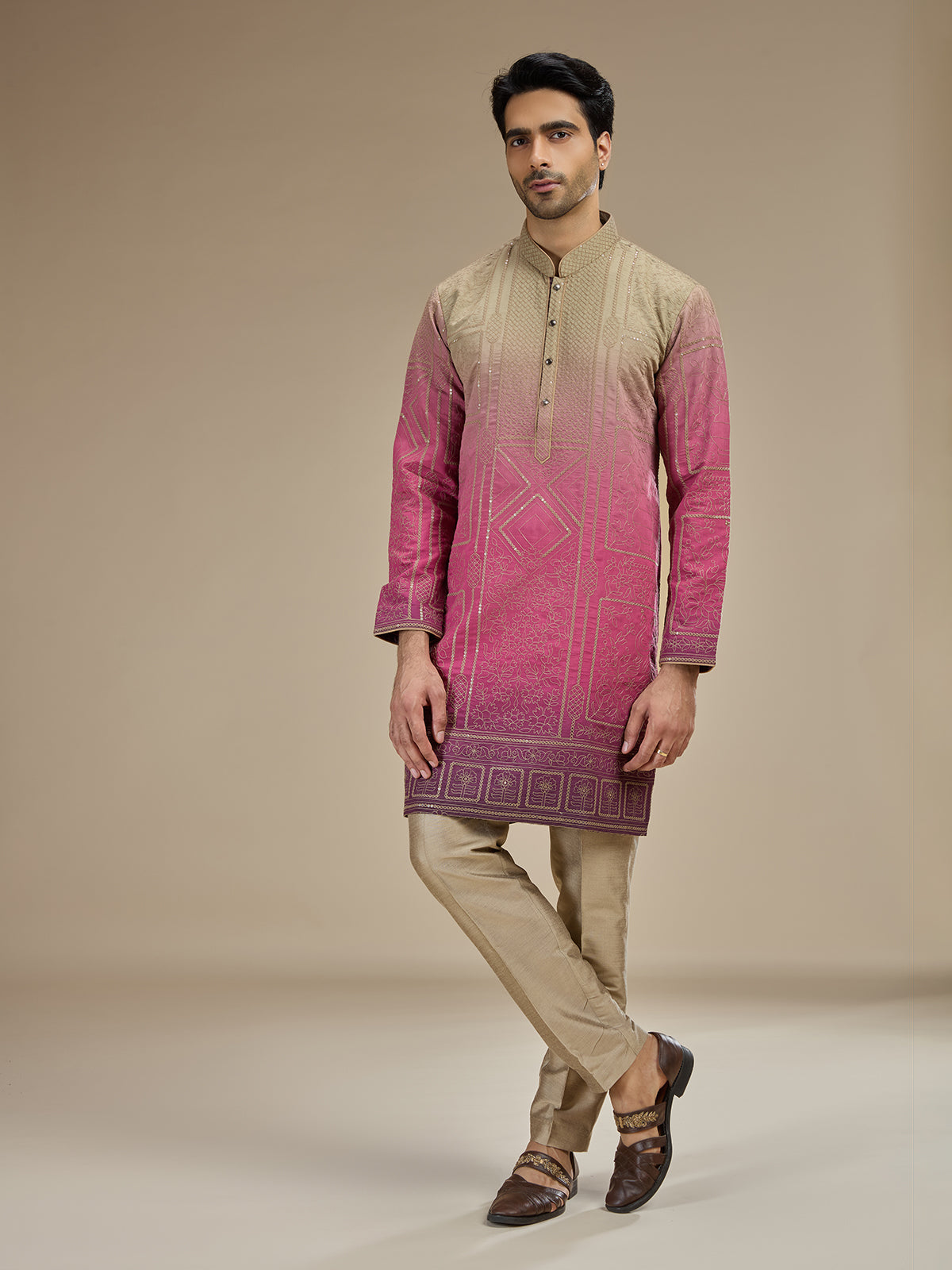 Pink men ombre chanderi threadwork kurta suit