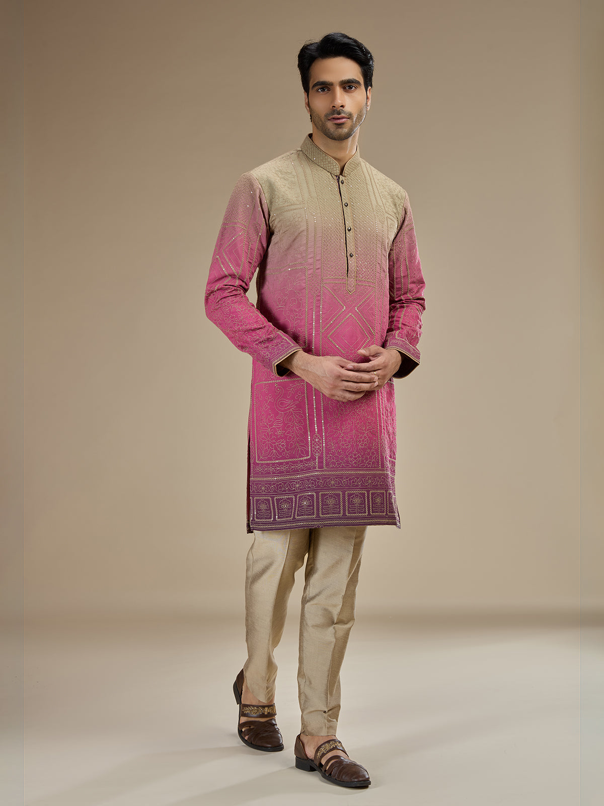 Pink men ombre chanderi threadwork kurta suit