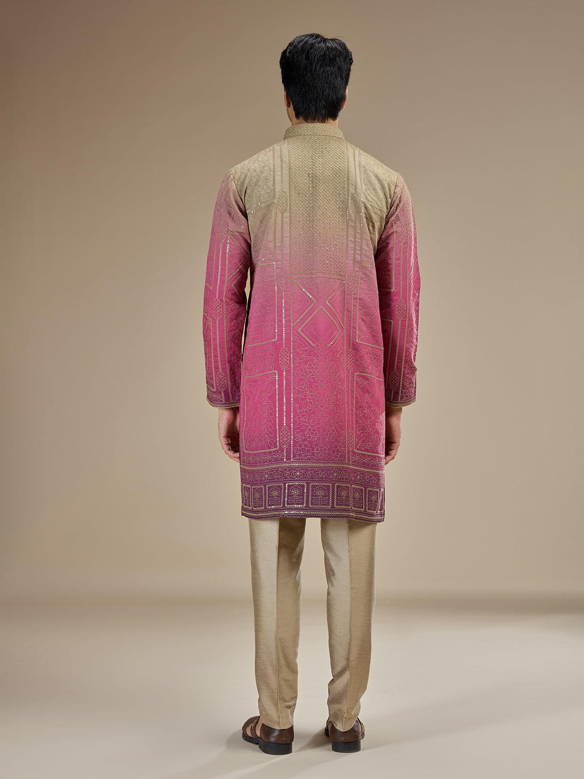 Pink men ombre chanderi threadwork kurta suit