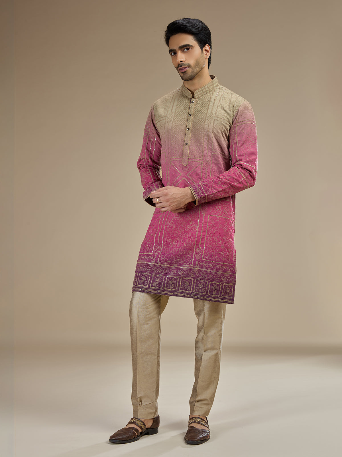 Pink men ombre chanderi threadwork kurta suit