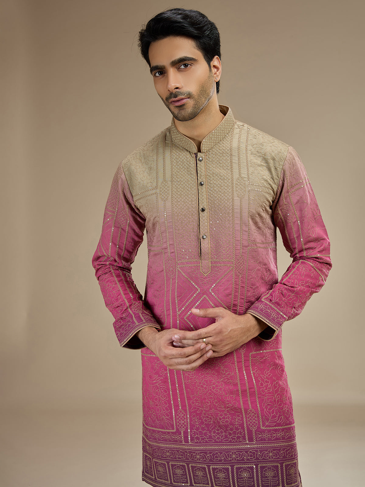Pink men ombre chanderi threadwork kurta suit