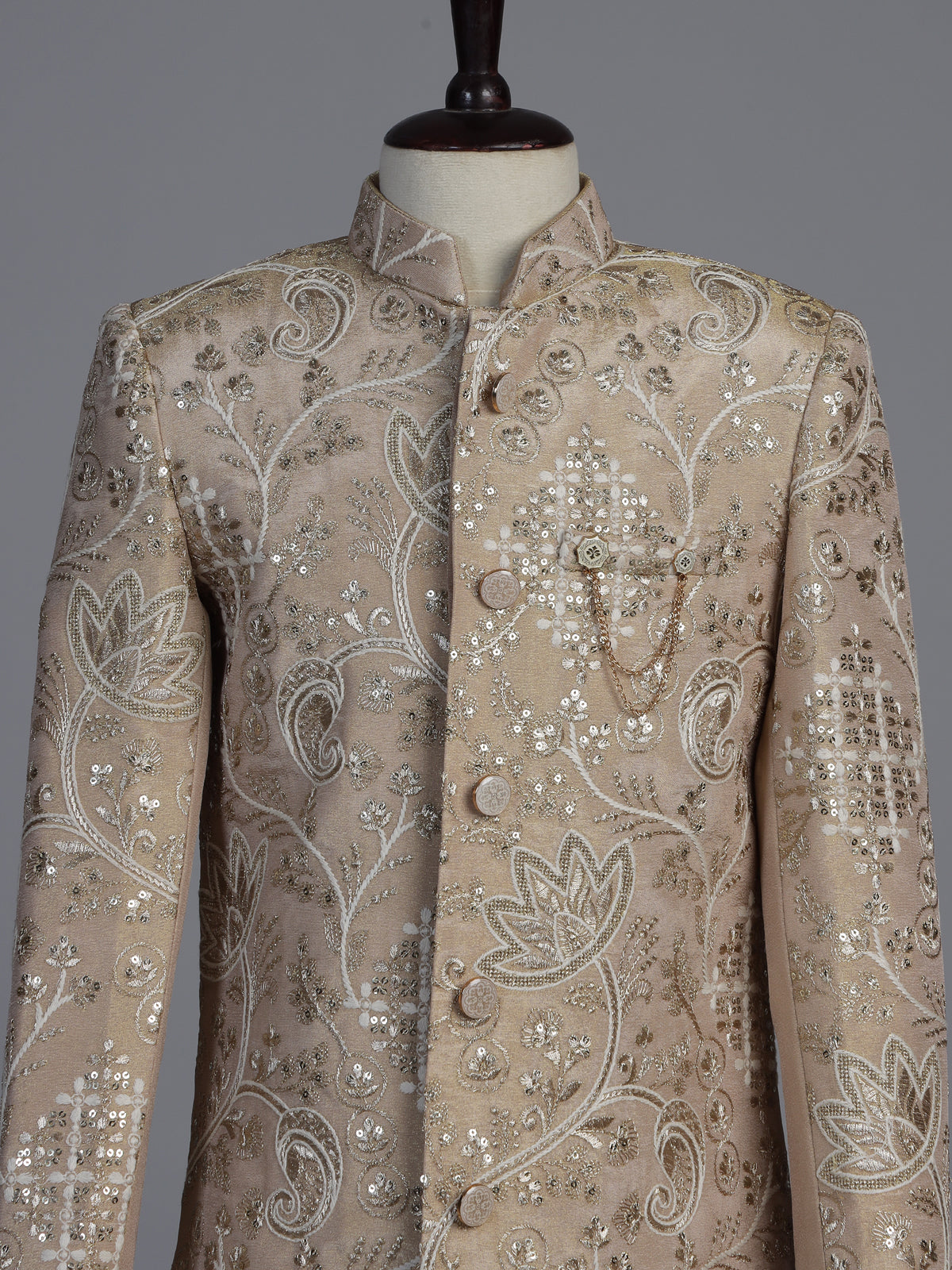 Beige silk blend indowestern set with embroidered brooch detailing