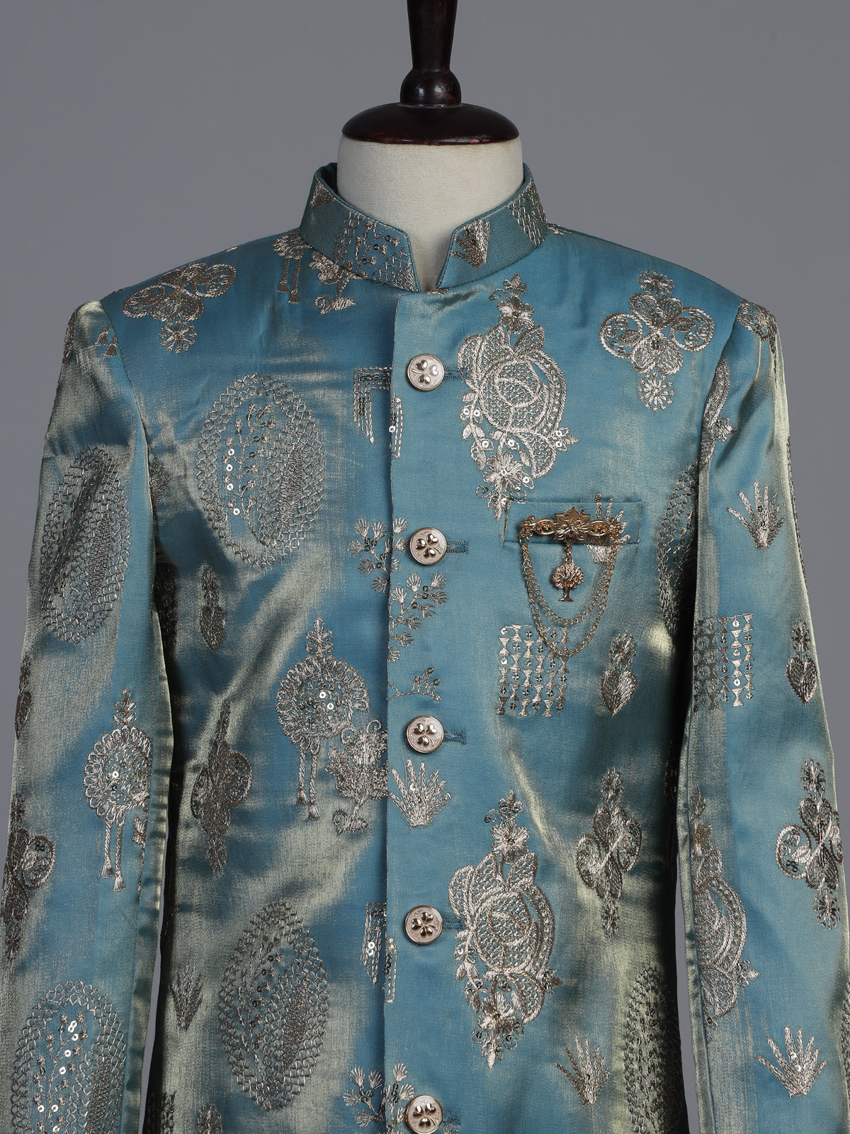 Pastel blue silk blend indowestern set with elegant embroidery