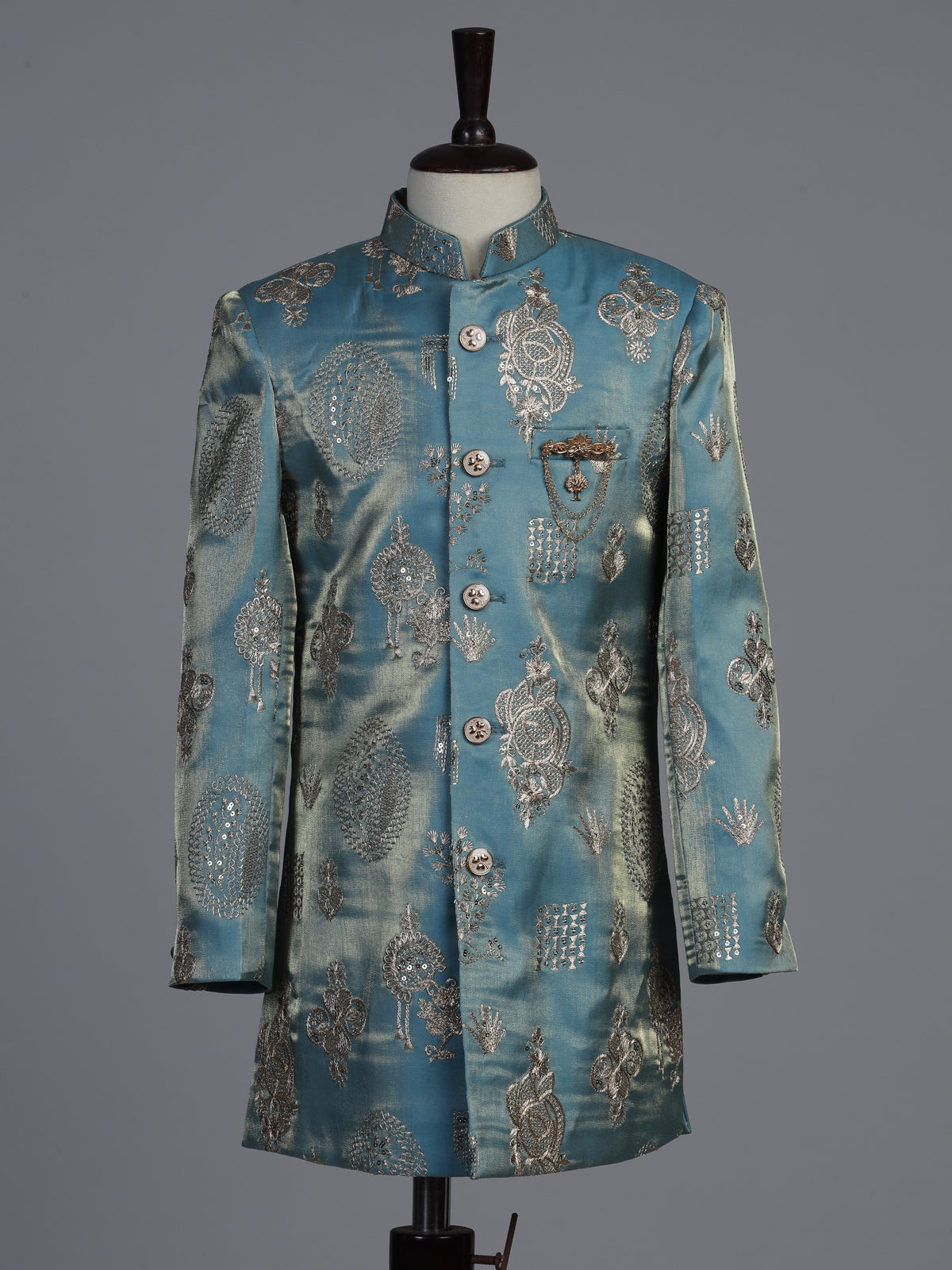 Pastel blue silk blend indowestern set with elegant embroidery