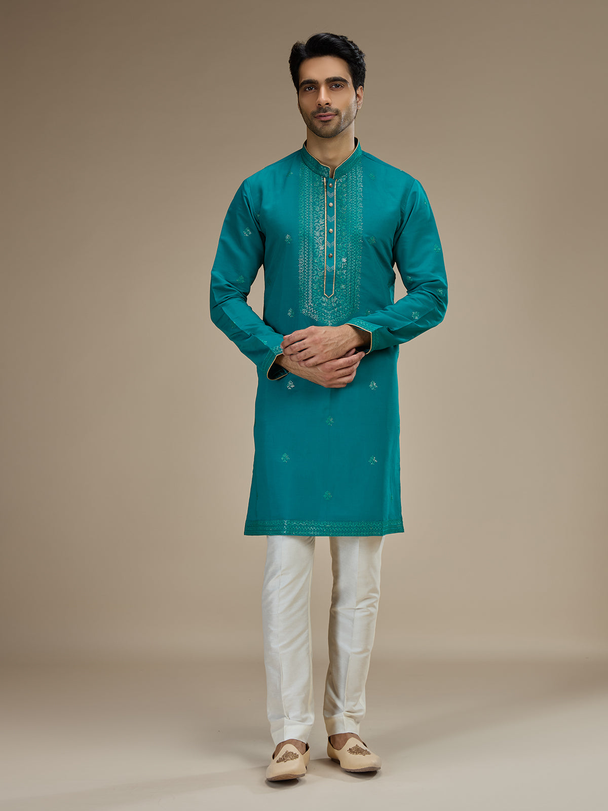 Teal blue men sequin yoke silk kurta pajama