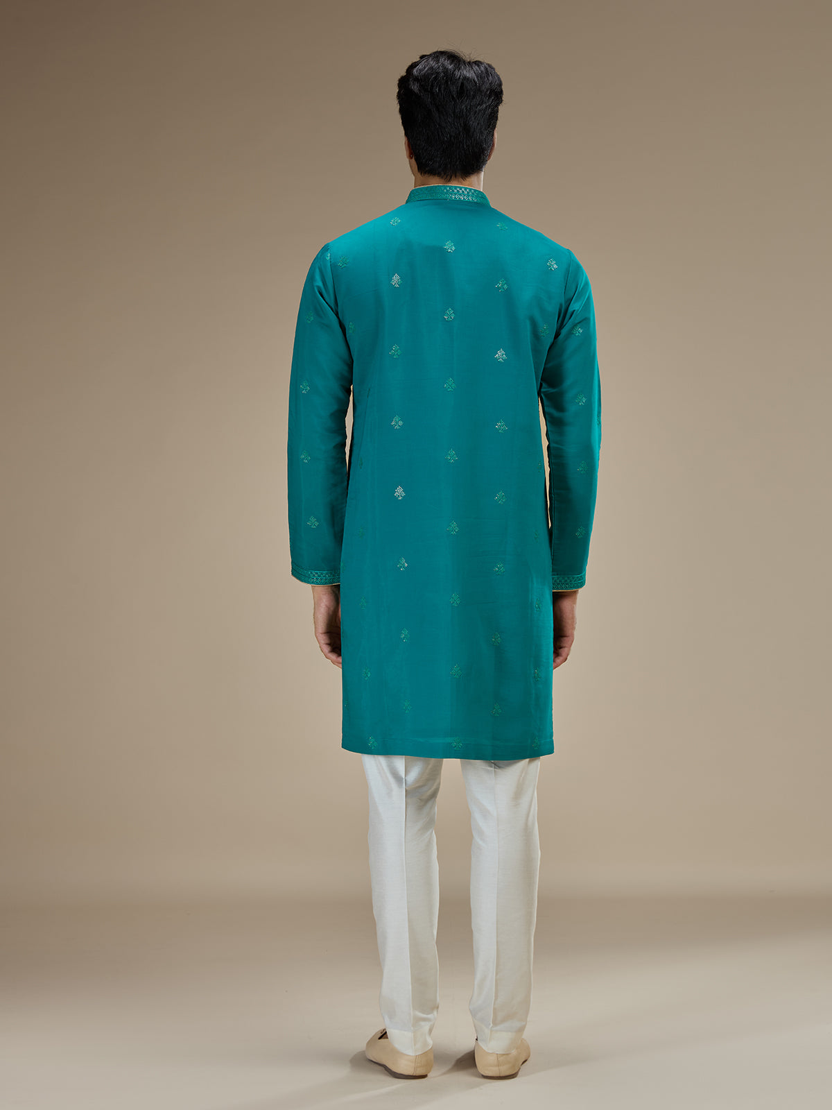 Teal blue men sequin yoke silk kurta pajama