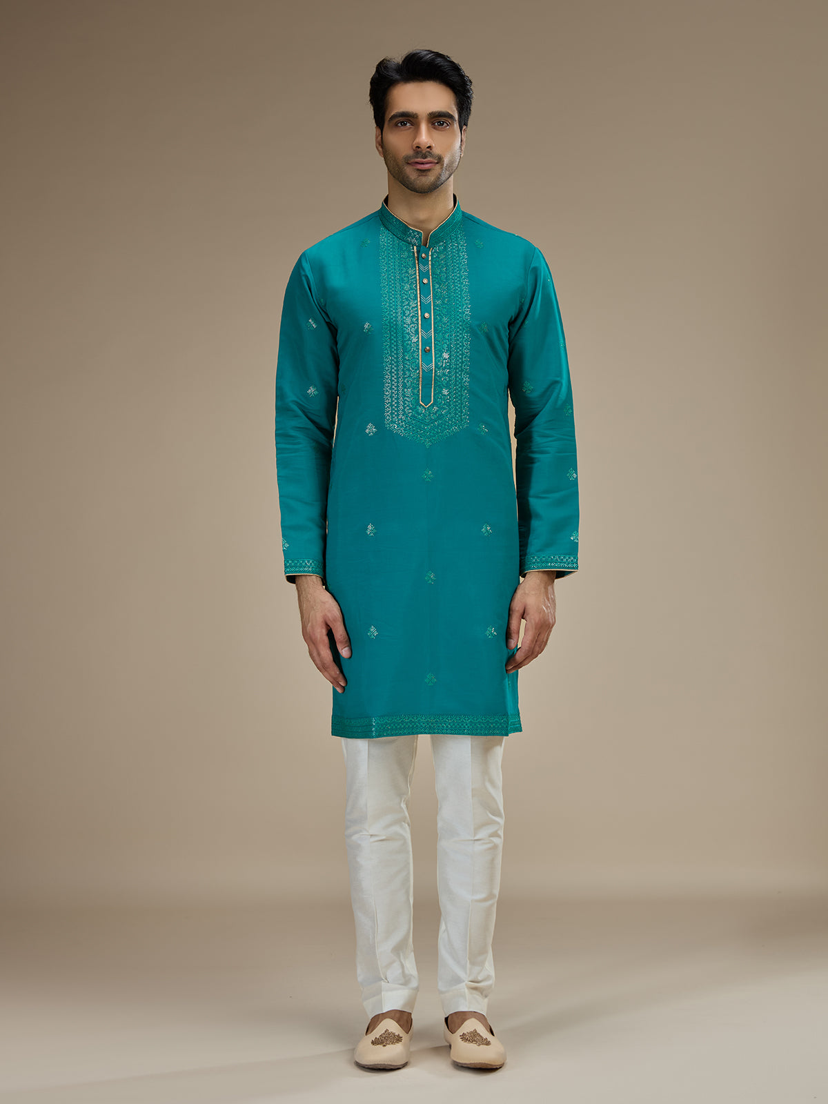 Teal blue men sequin yoke silk kurta pajama
