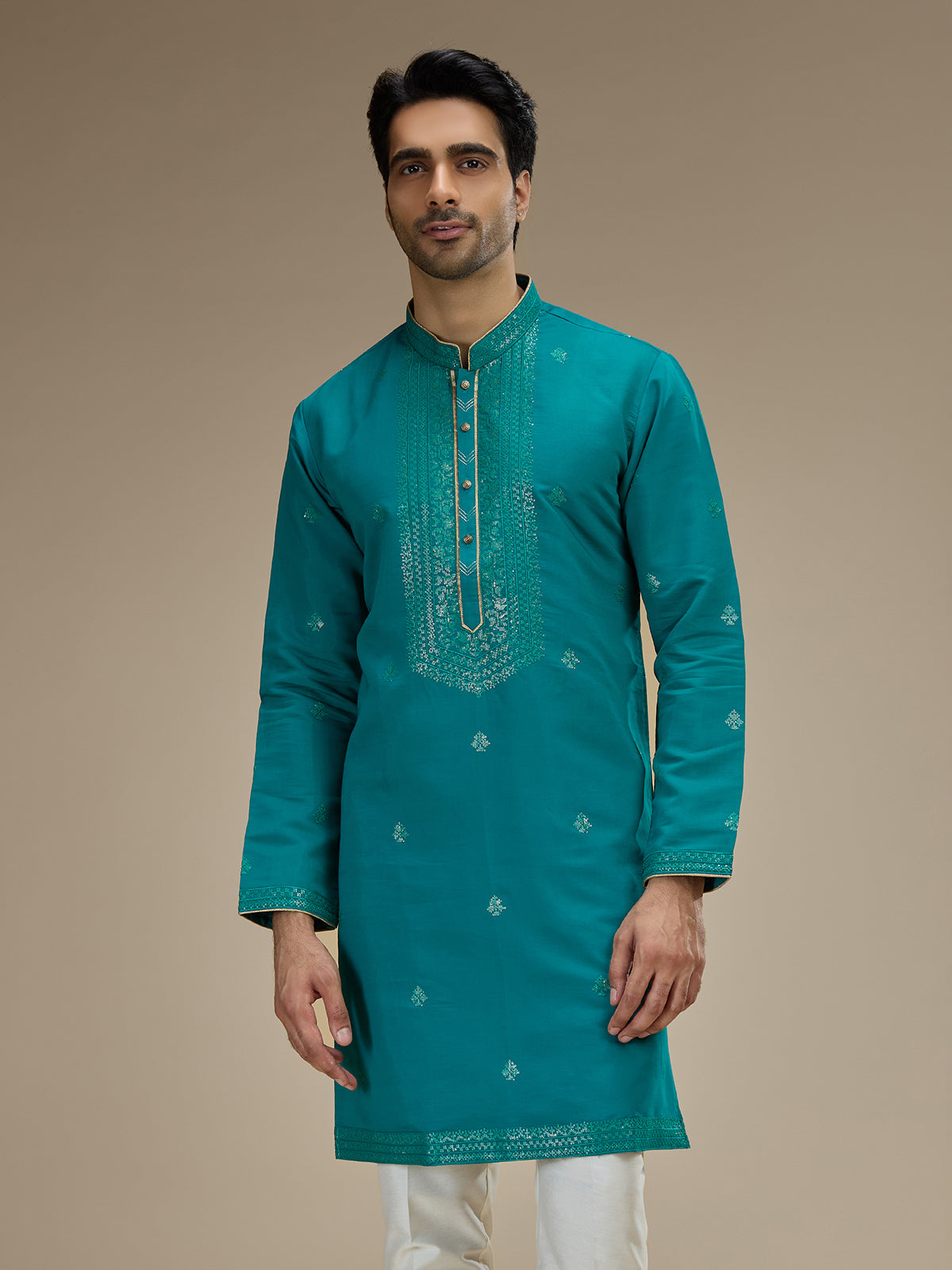 Teal blue men sequin yoke silk kurta pajama