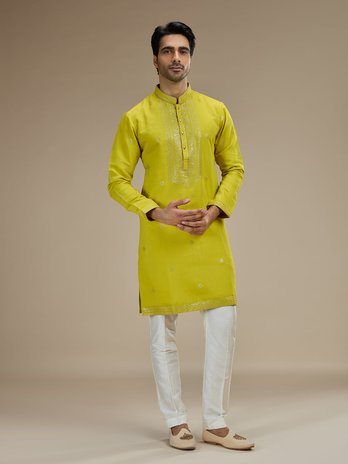 Mehendi yellow men floral sequin kurta suit