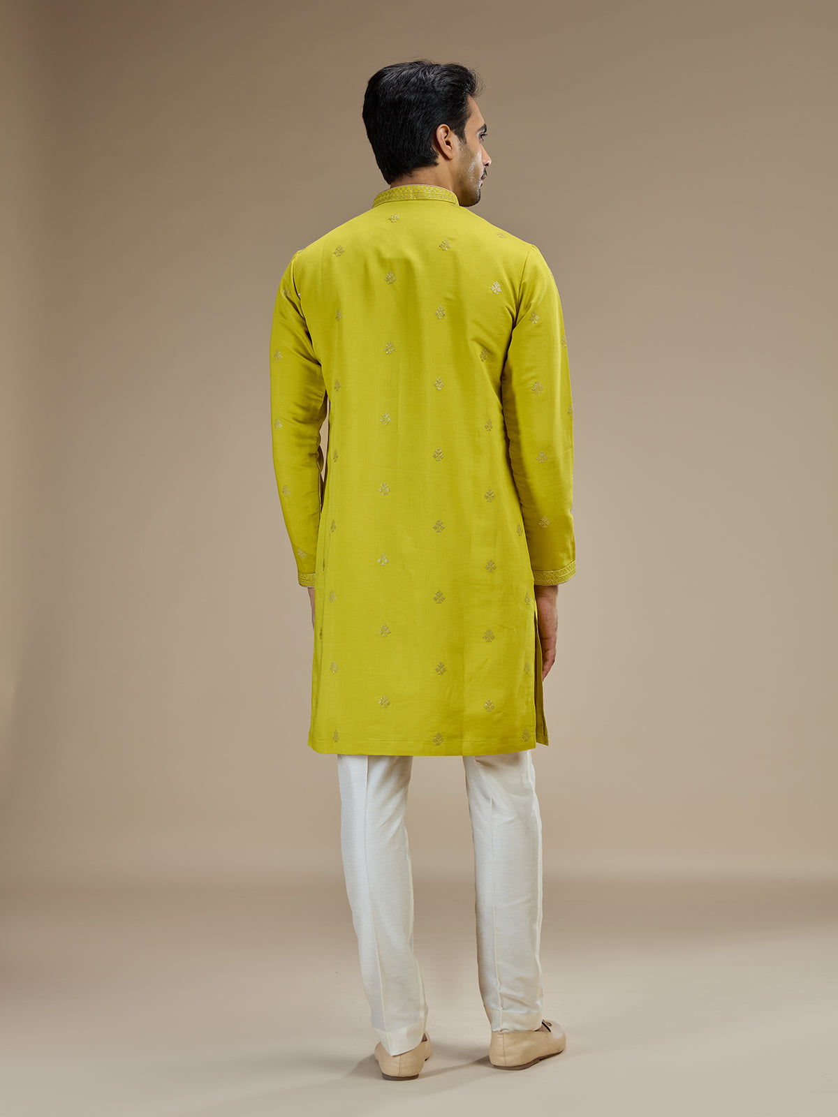 Mehendi yellow men floral sequin kurta suit