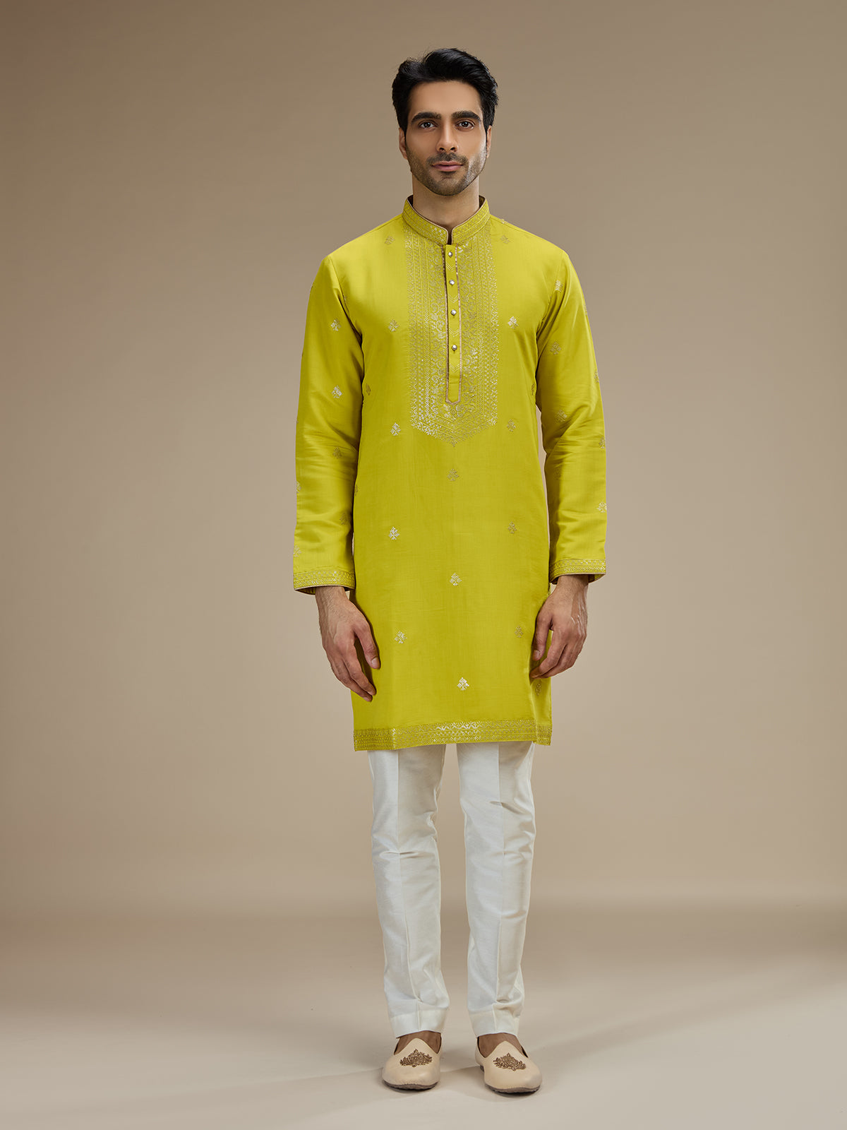 Mehendi yellow men floral sequin kurta suit