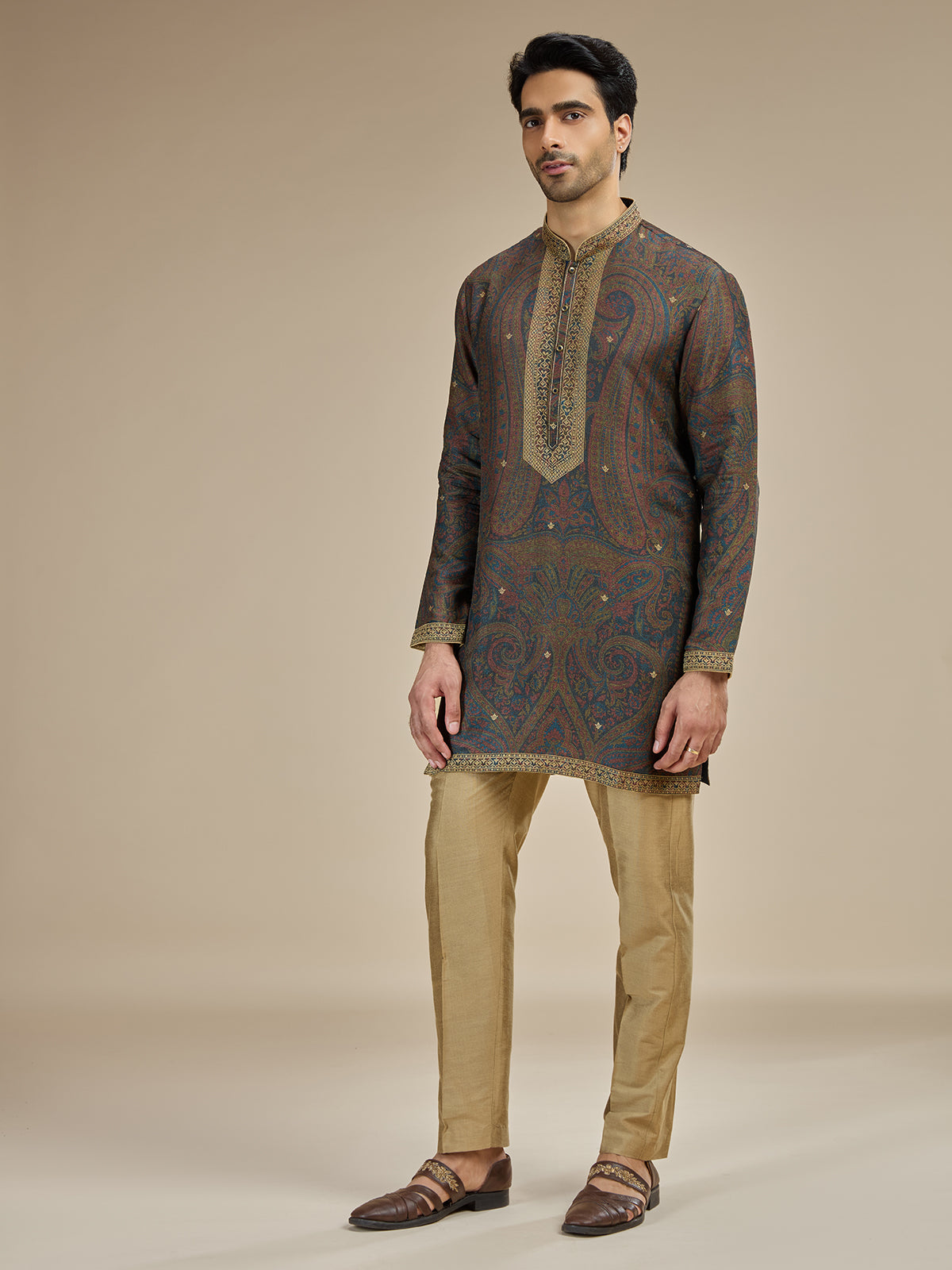 Deep brown men kashmiri tapestry kurta pajama