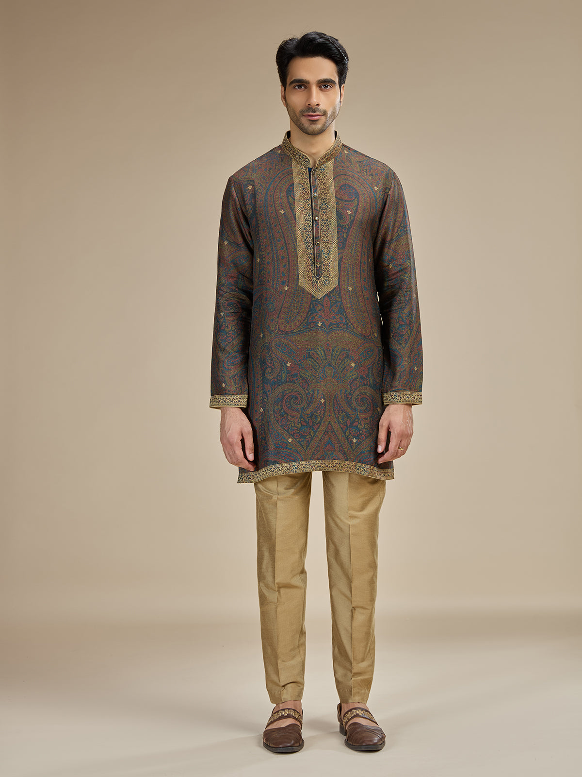 Deep brown men kashmiri tapestry kurta pajama