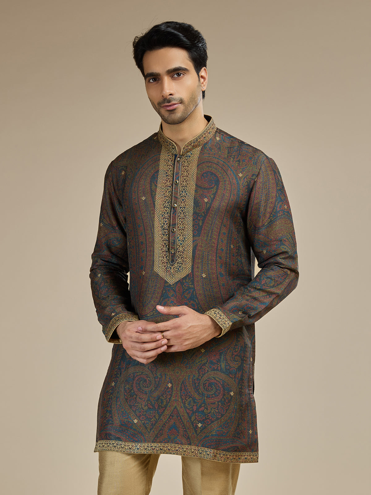 Deep brown men kashmiri tapestry kurta pajama