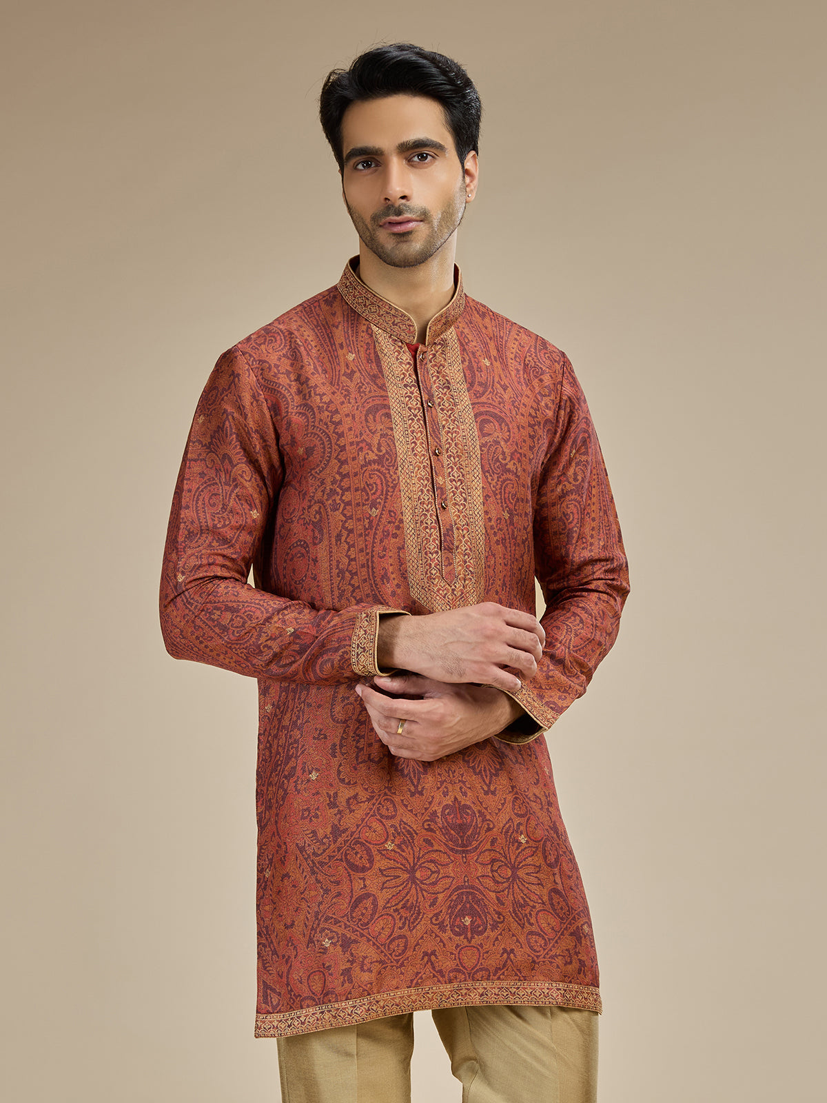 Burnt orange men jamawar printed kurta suit
