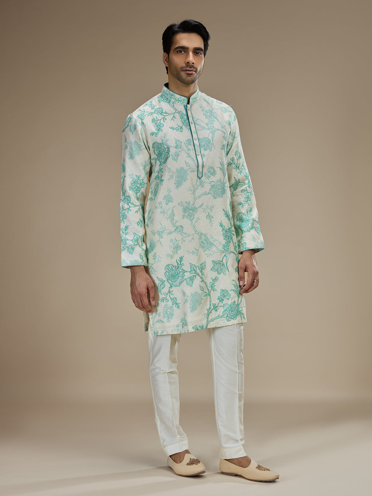 Off white men sea green botanical kurta suit