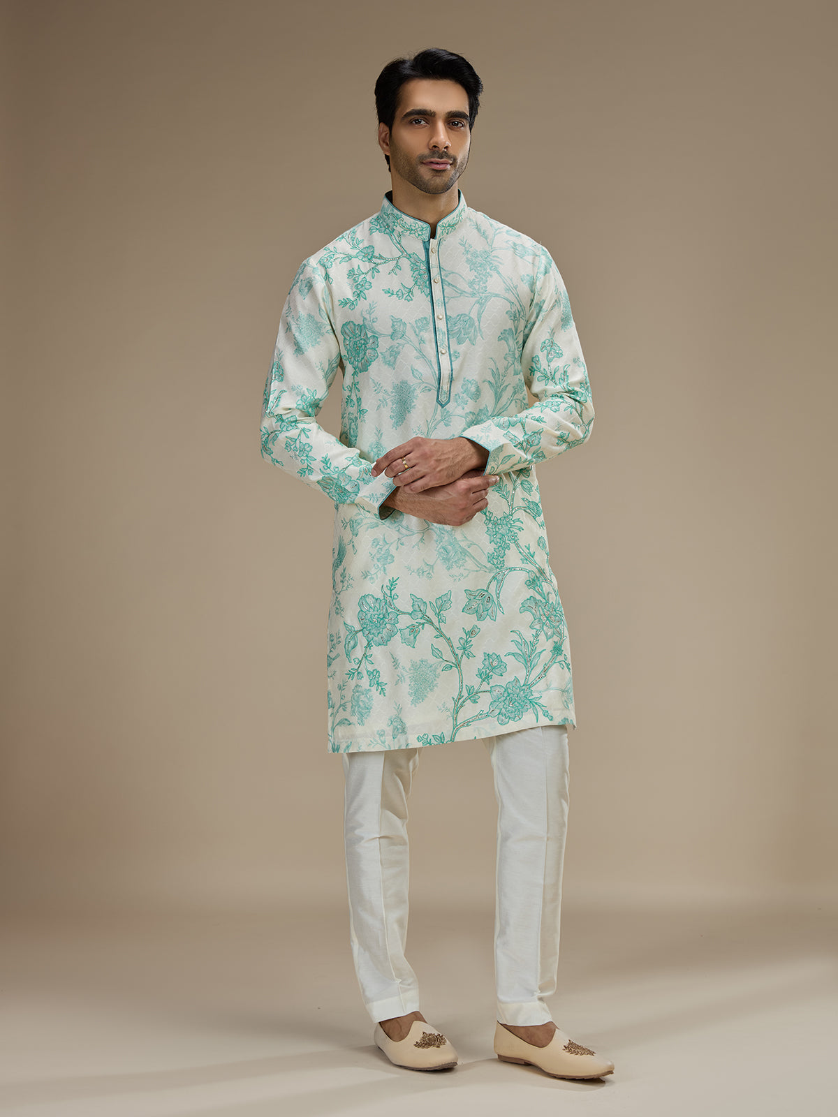 Off white men sea green botanical kurta suit