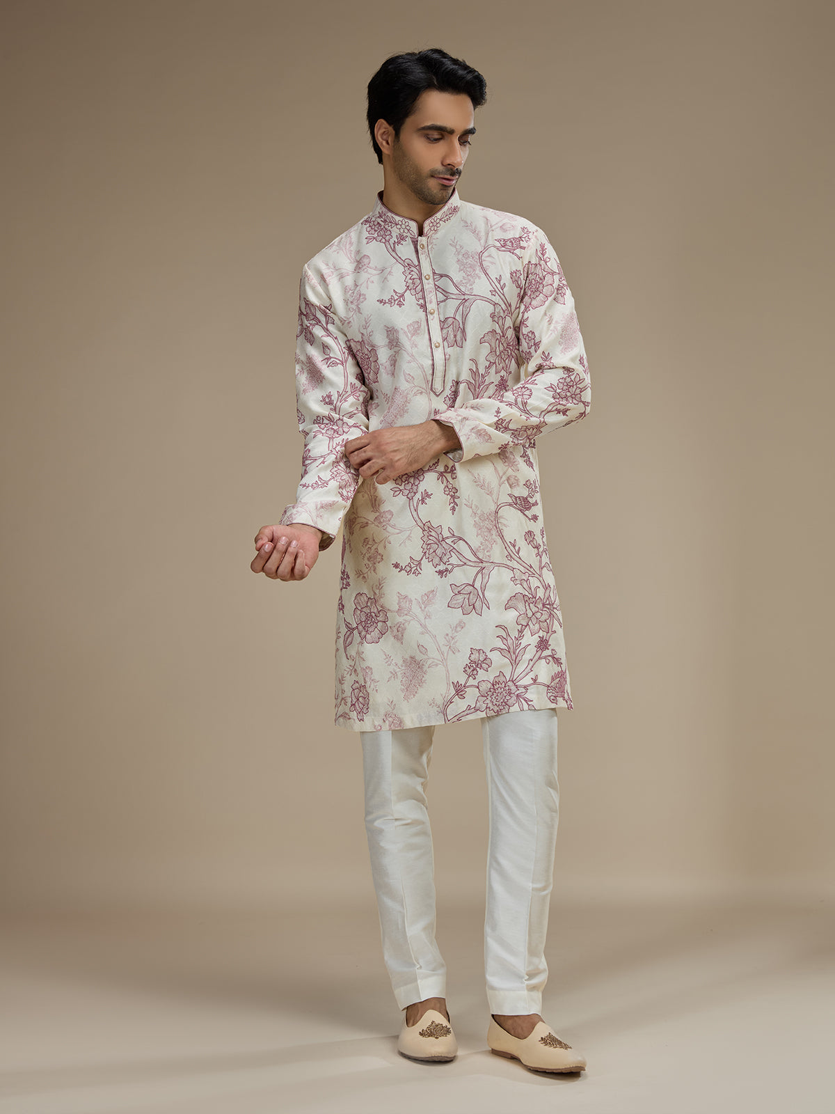 Off white men wine botanical printed kurta pajama