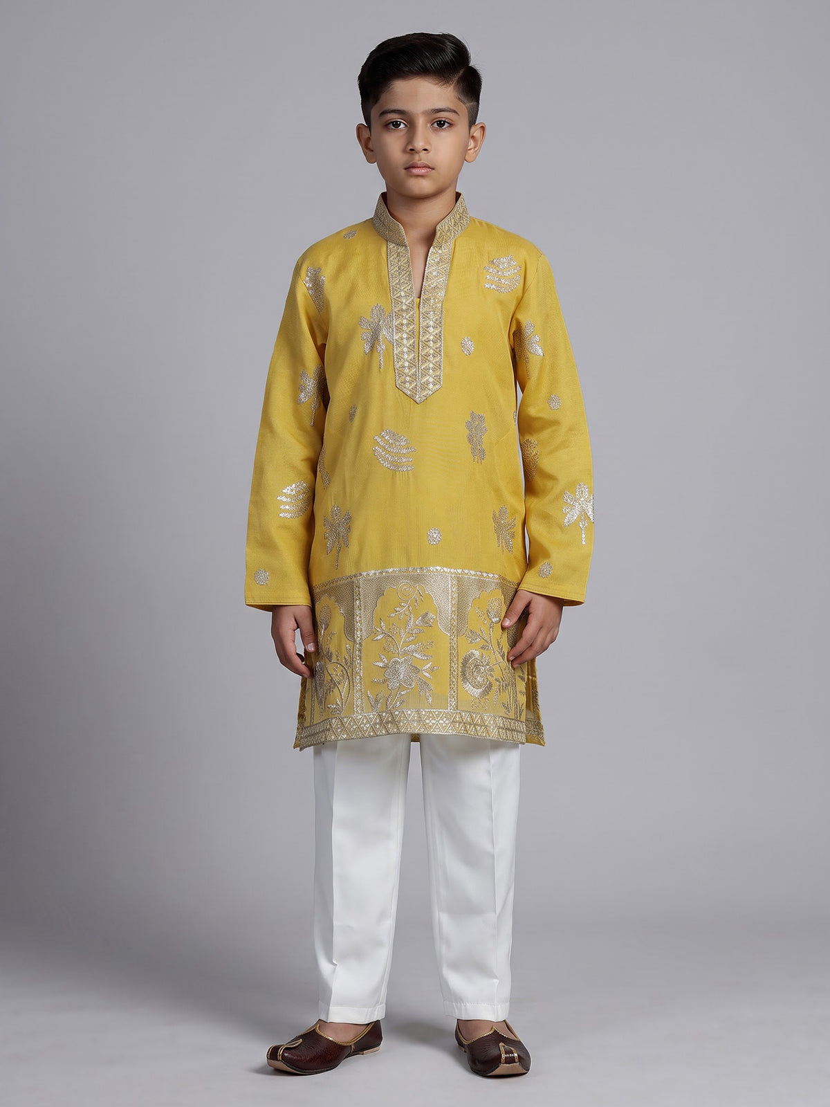 Mustard yellow silk blend kurta suit for boys with embroidery