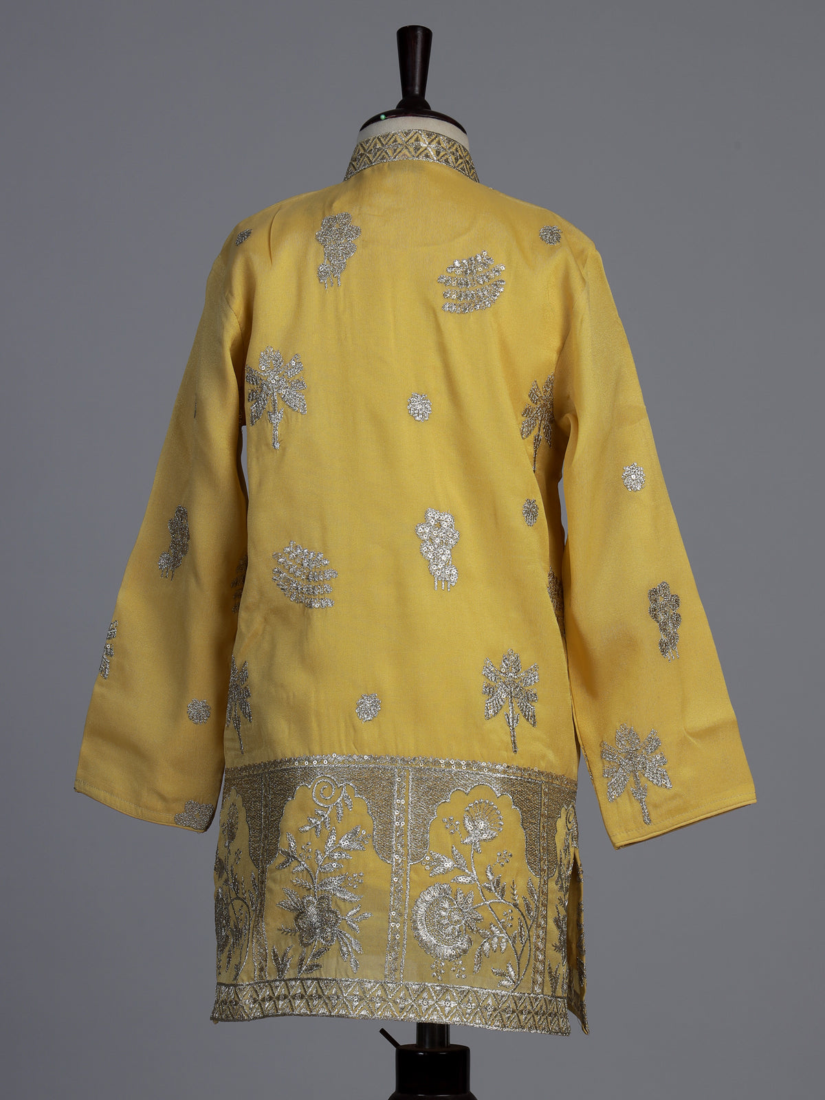Mustard yellow silk blend kurta suit for boys with embroidery
