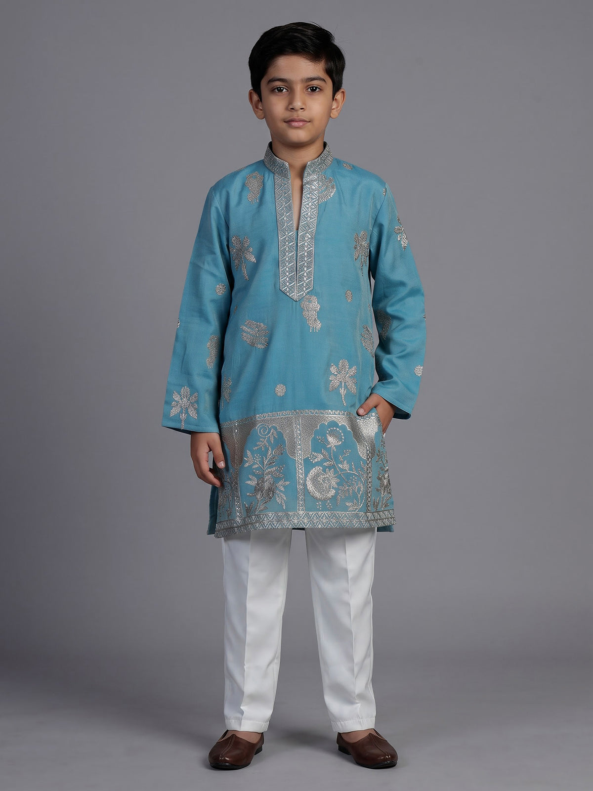 Blue silk blend kurta suit for boys with embroidery and sequins