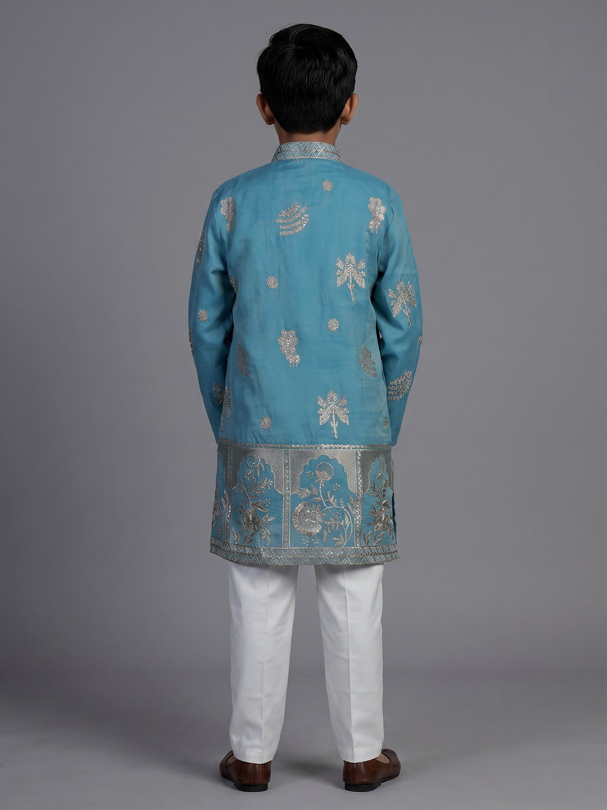 Blue silk blend kurta suit for boys with embroidery and sequins
