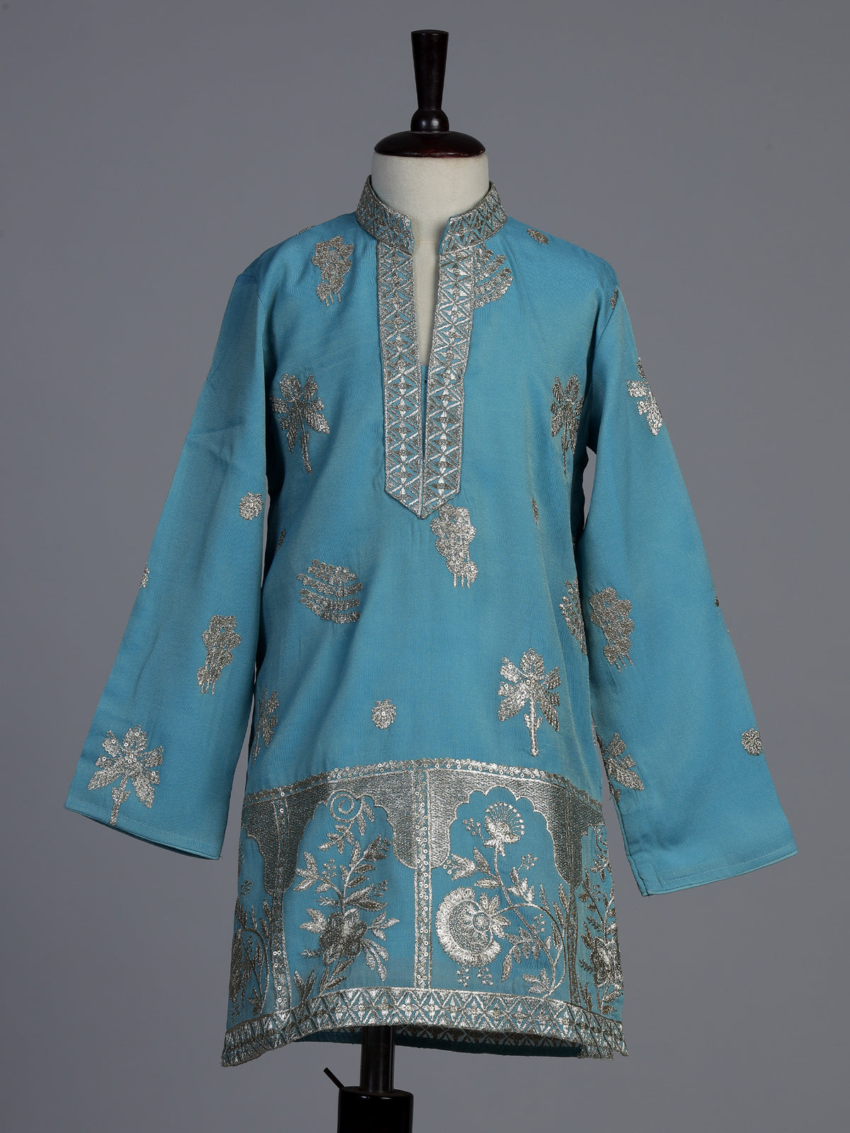 Blue silk blend kurta suit for boys with embroidery and sequins