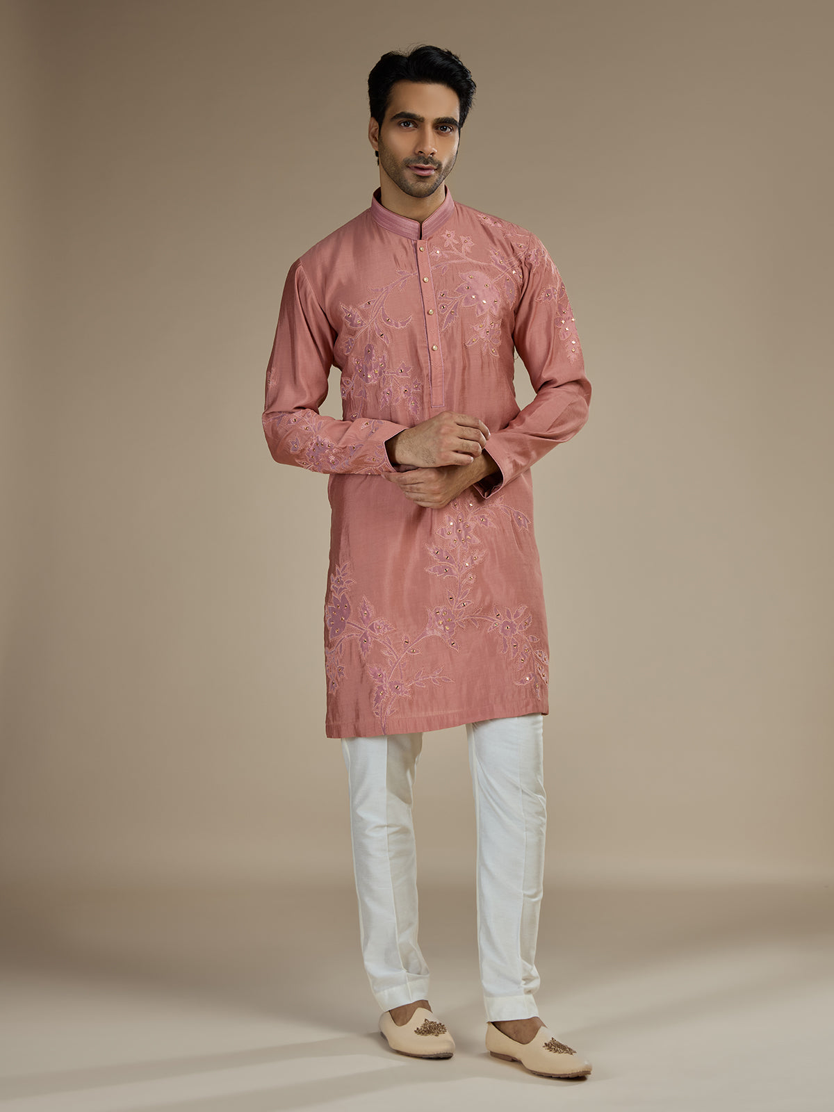 Pink men botanical zari modal silk kurta suit