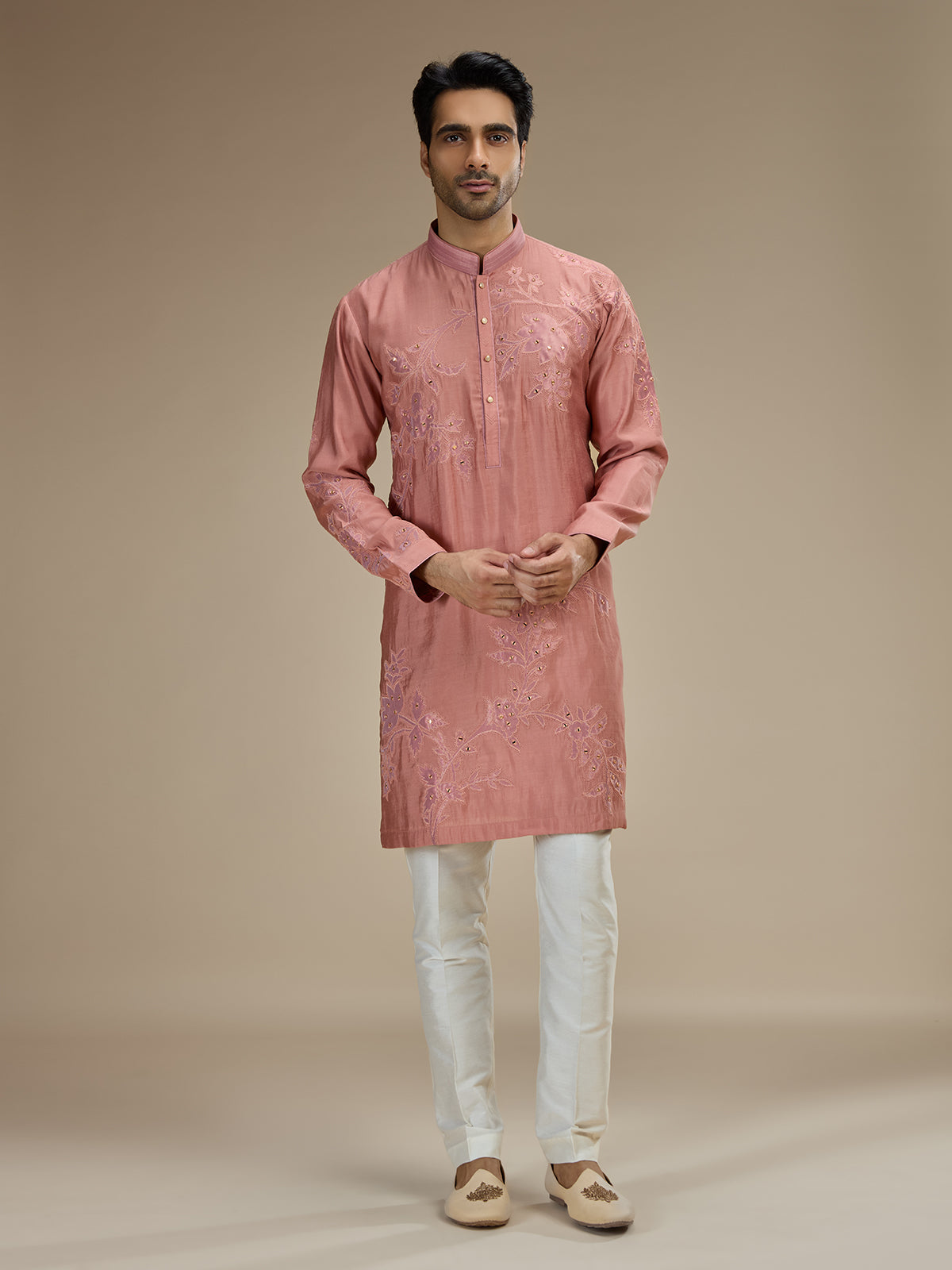 Pink men botanical zari modal silk kurta suit