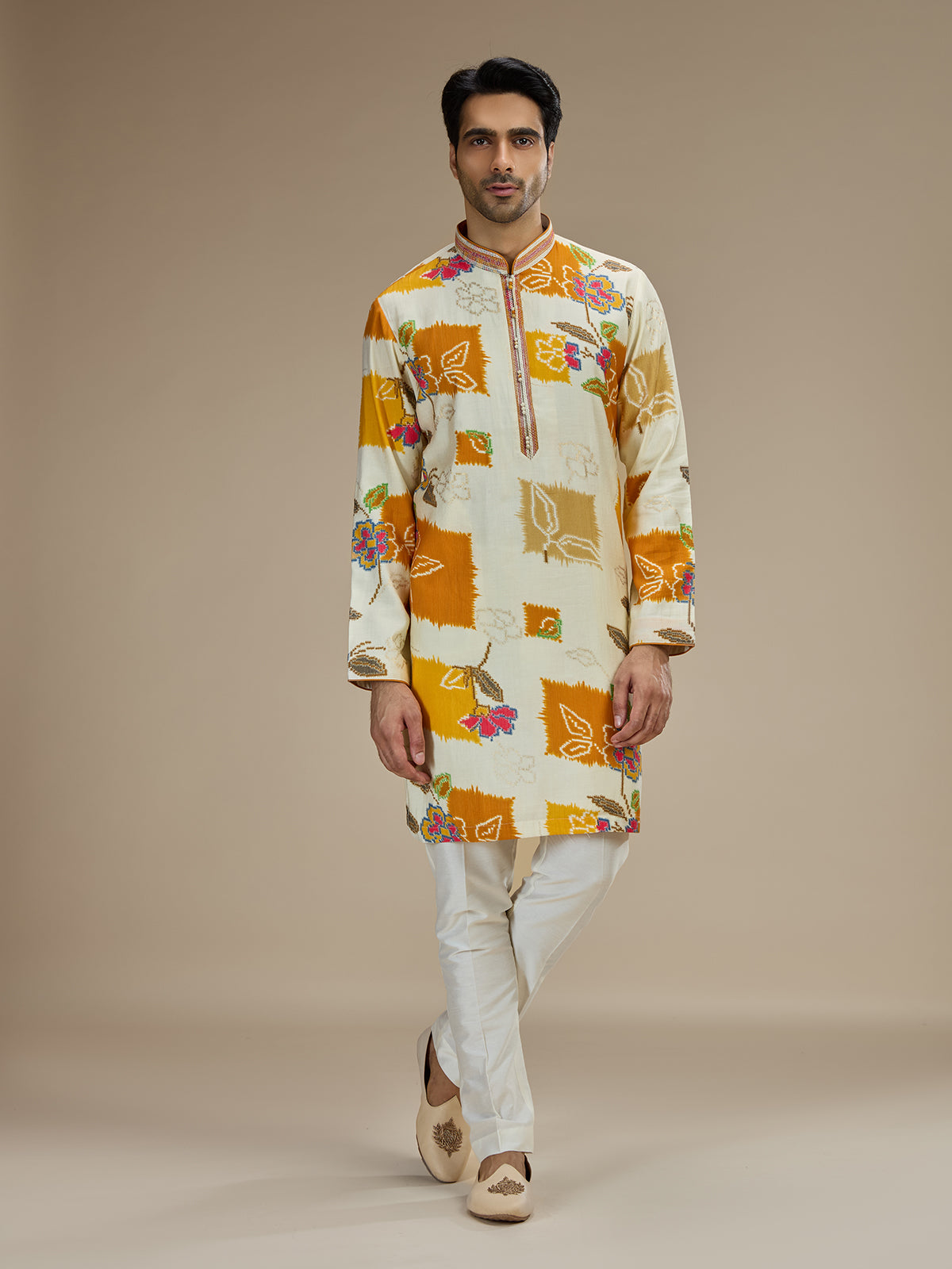 Cream men rani pink ikat kurta pajama