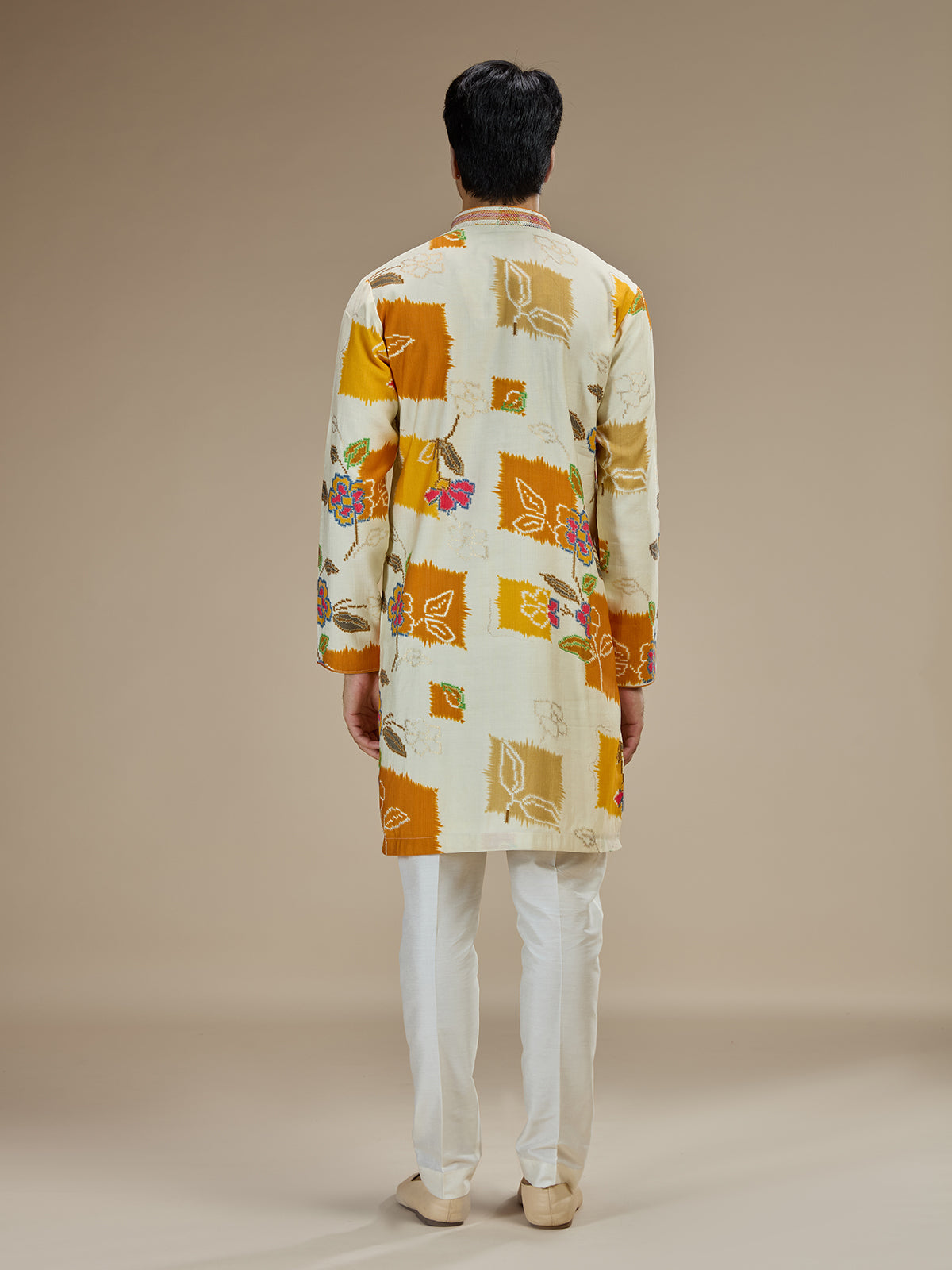 Cream men rani pink ikat kurta pajama