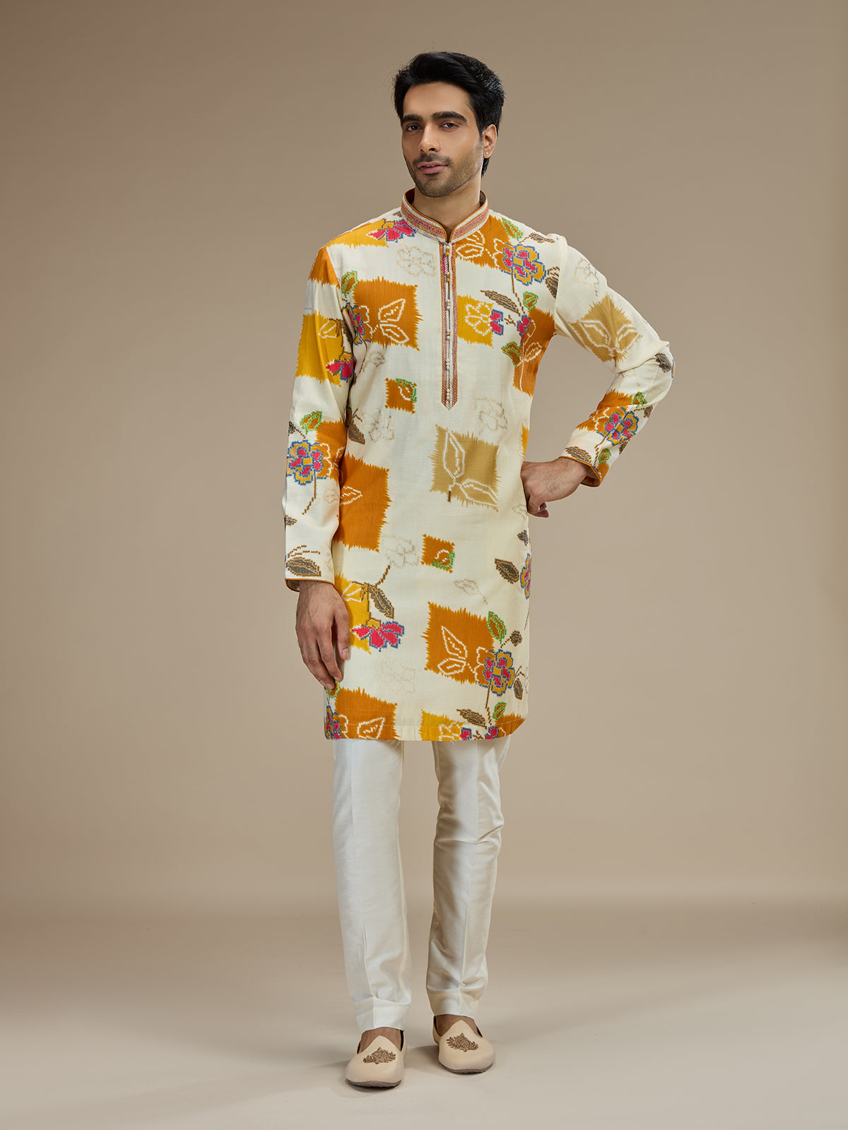 Cream men rani pink ikat kurta pajama
