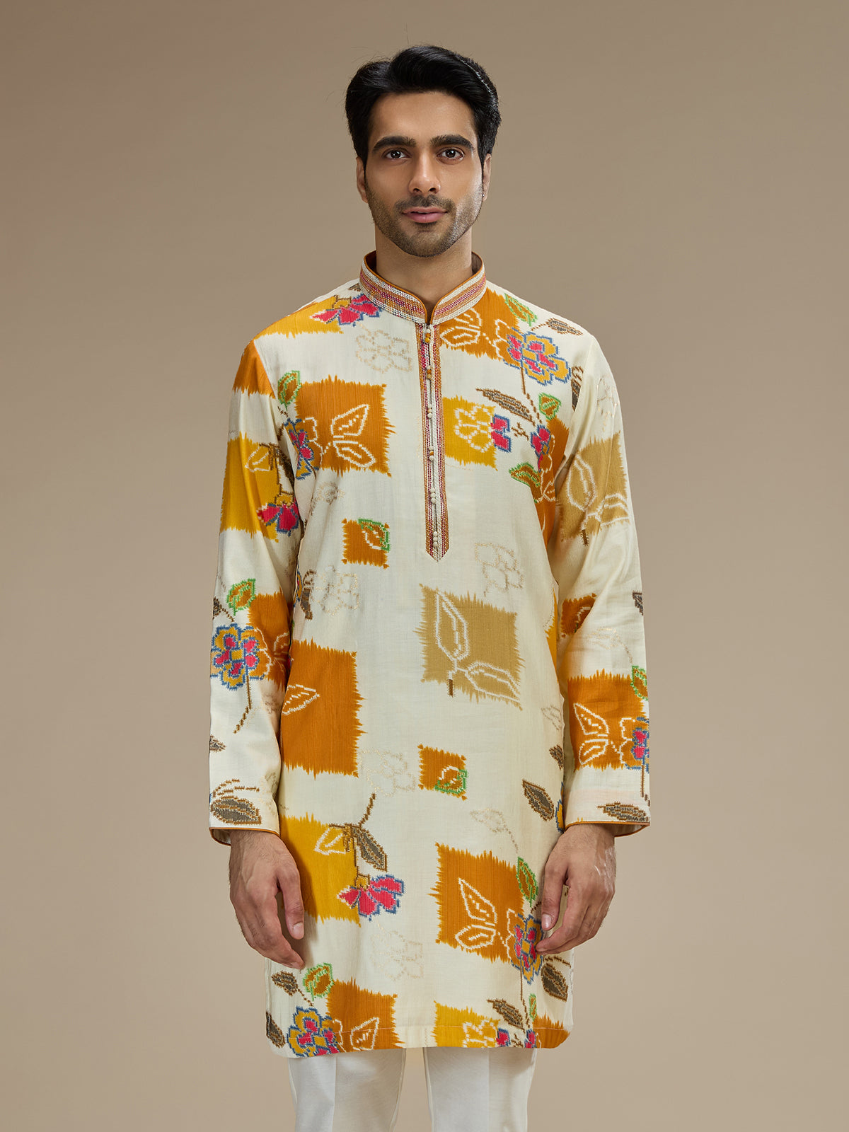 Cream men rani pink ikat kurta pajama