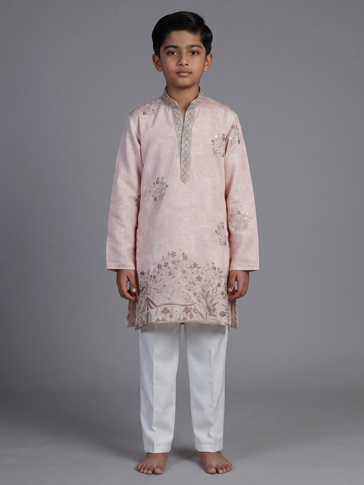 Pink silk blend kurta suit for boys with elegant embroidery