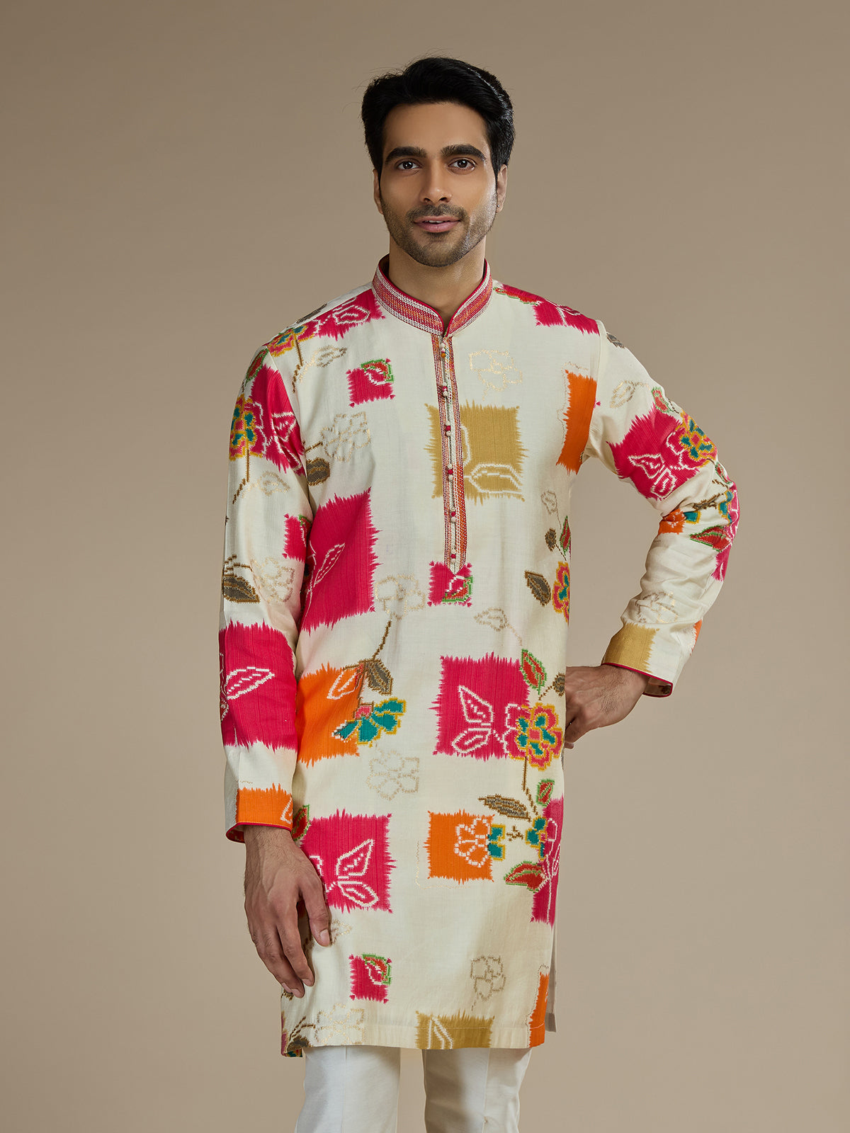 Cream men multicolor ikat embroidered kurta suit