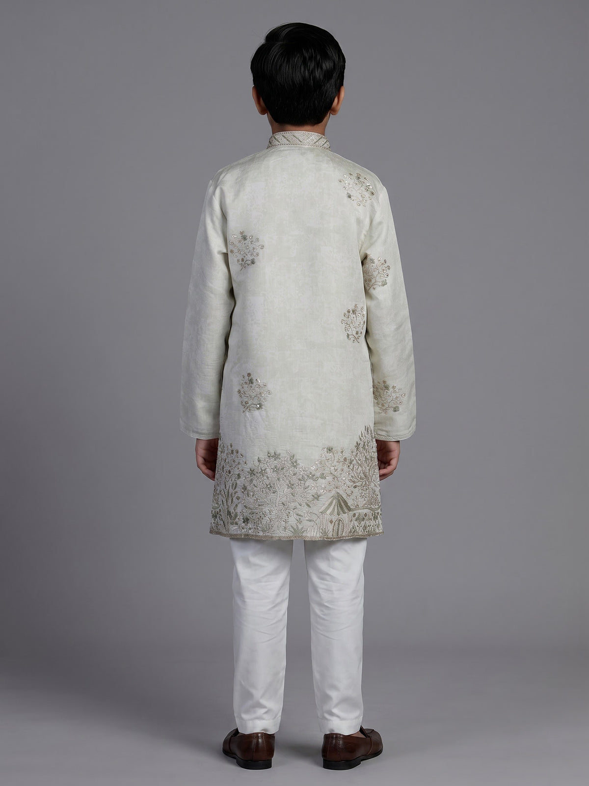 Off white silk blend kurta suit for boys with embroidery