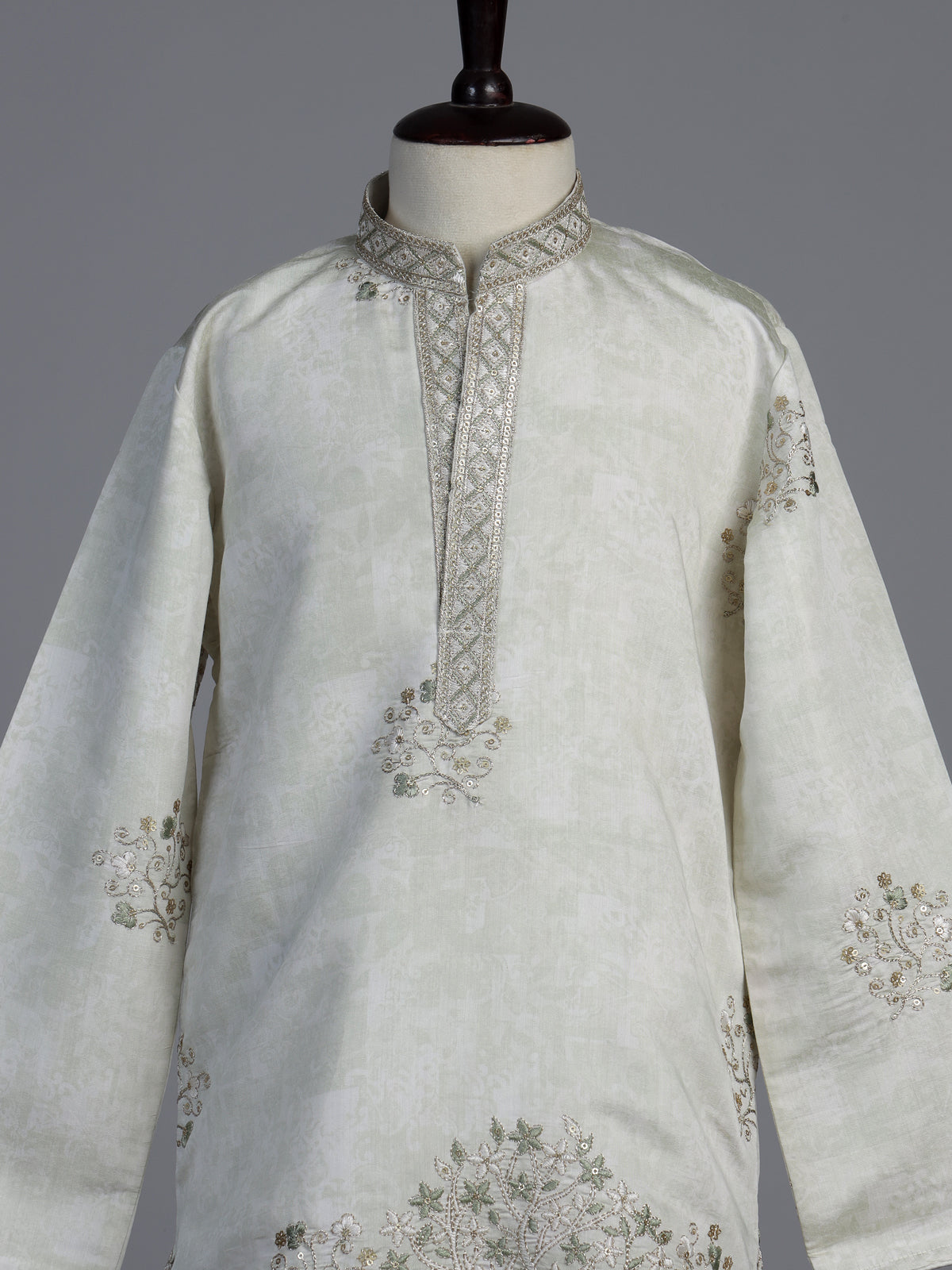 Off white silk blend kurta suit for boys with embroidery