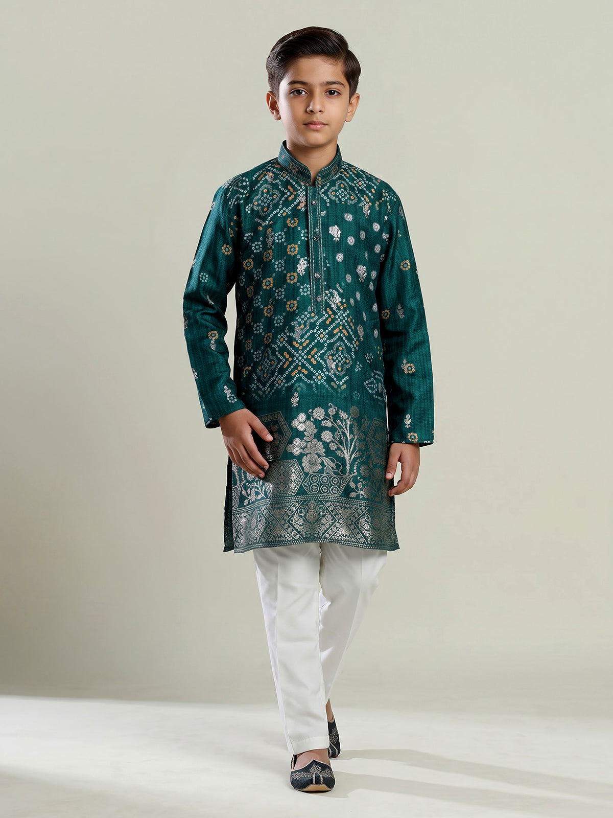 Green silk blend bandhani kurta suit for boys with zari work