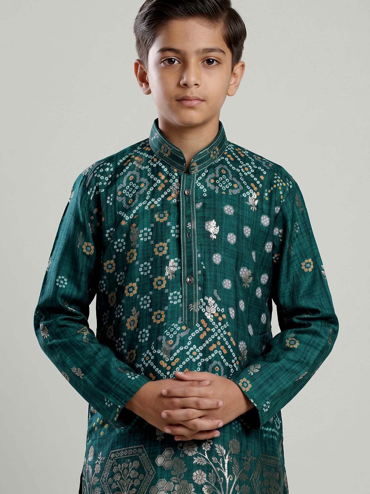 Green silk blend bandhani kurta suit for boys with zari work