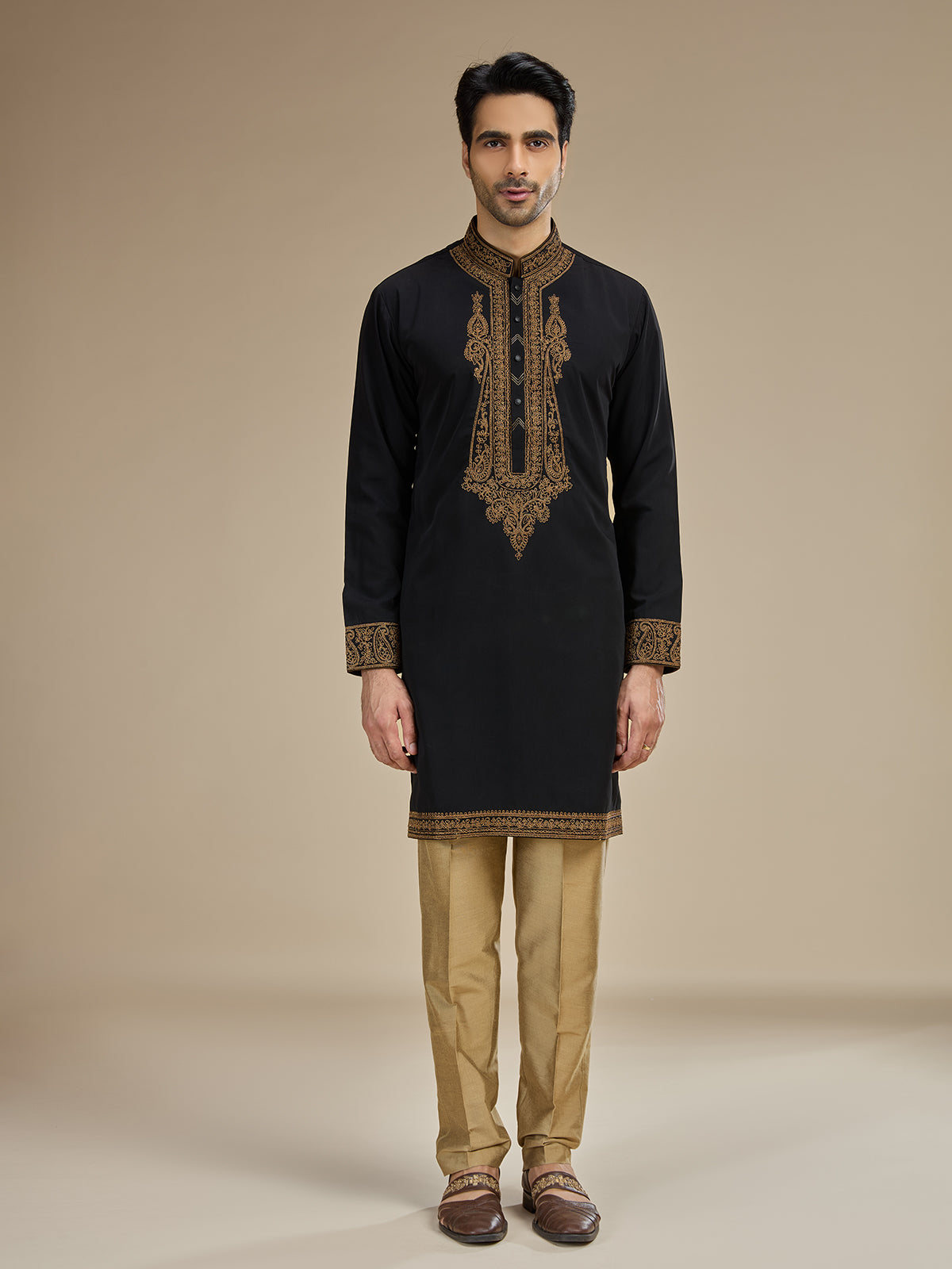 Black men mughal paisley zari kurta pajama