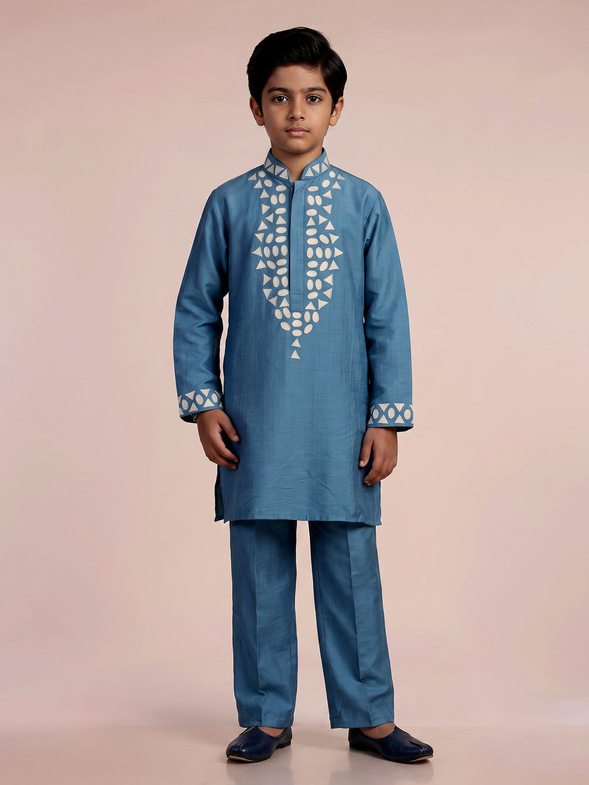 Blue silk embroidered kurta suit for boys with refined festive appeal