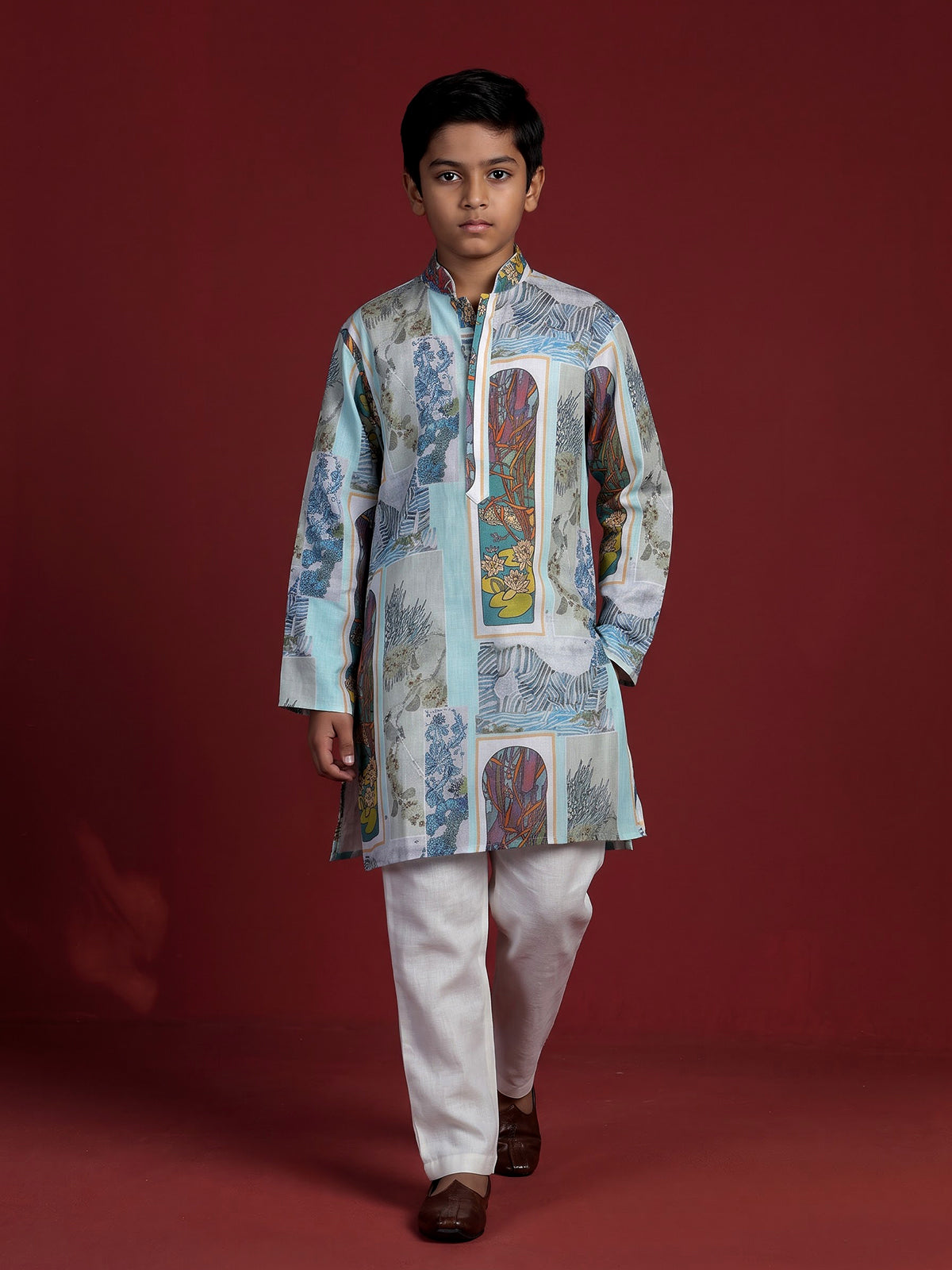 Sky blue cotton linen kurta suit for boys for festive celebrations