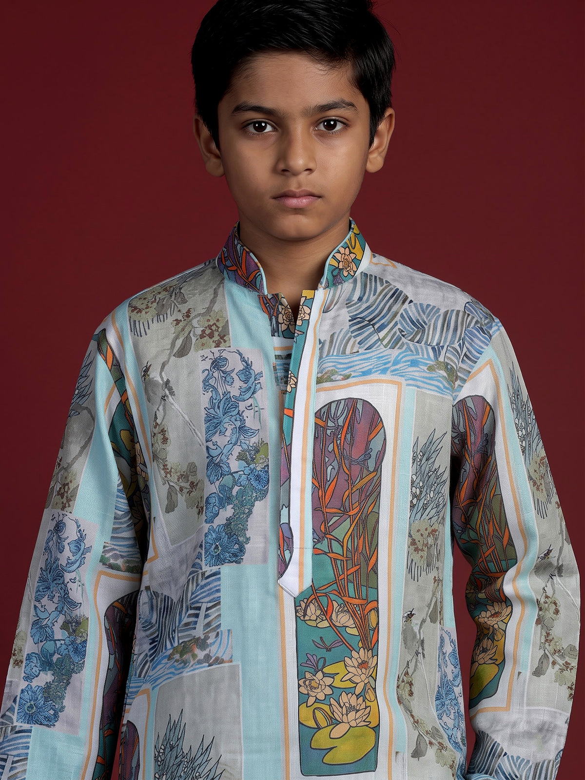 Sky blue cotton linen kurta suit for boys for festive celebrations