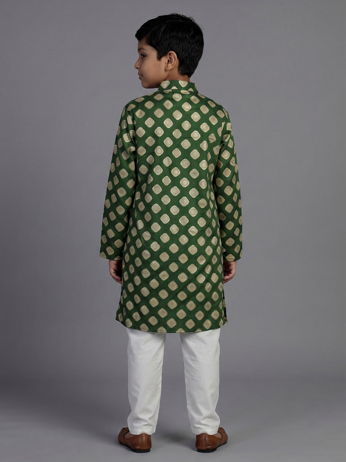 Mehendi green silk kurta suit for boys with zari printed charm