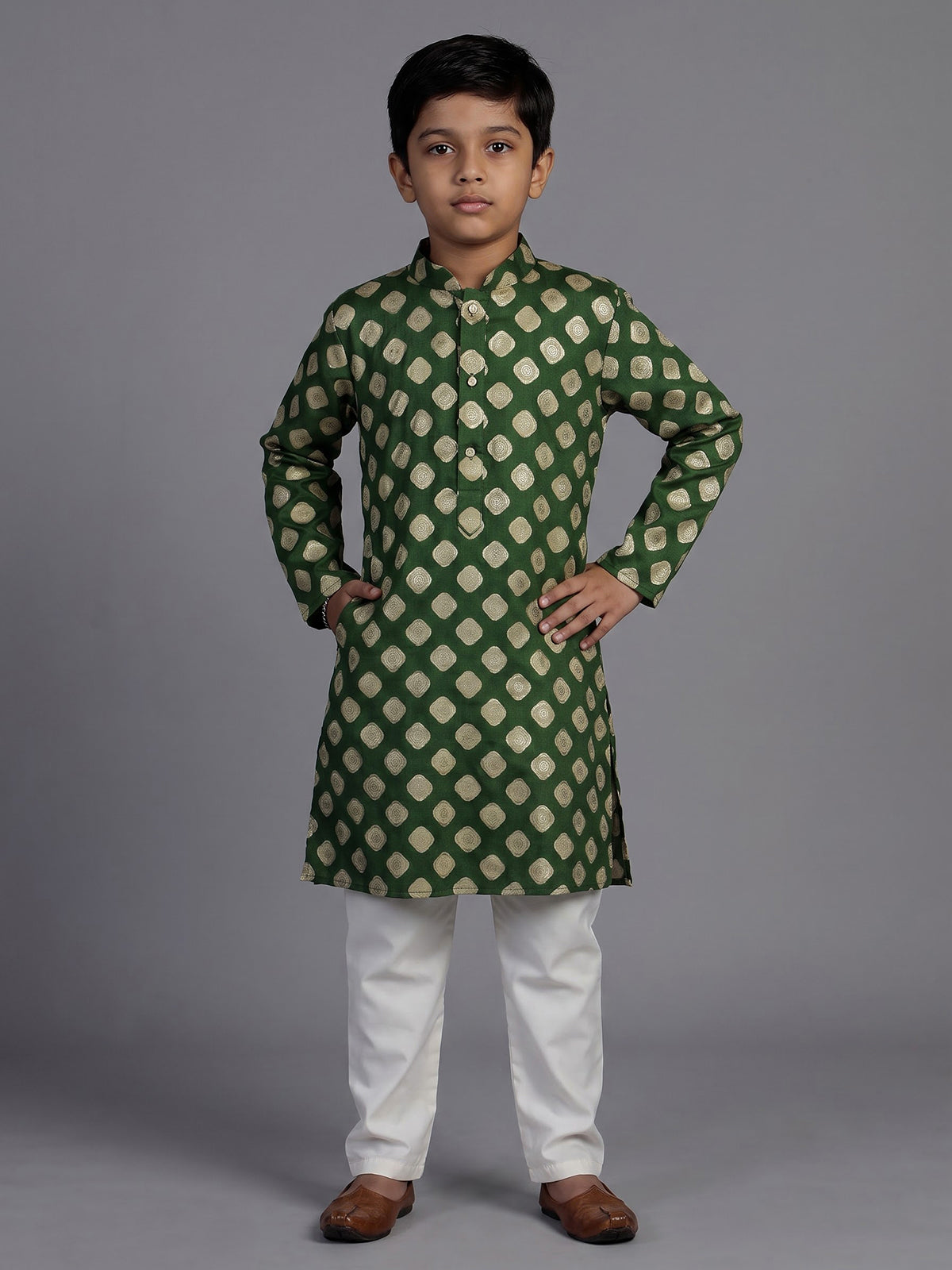 Mehendi green silk kurta suit for boys with zari printed charm