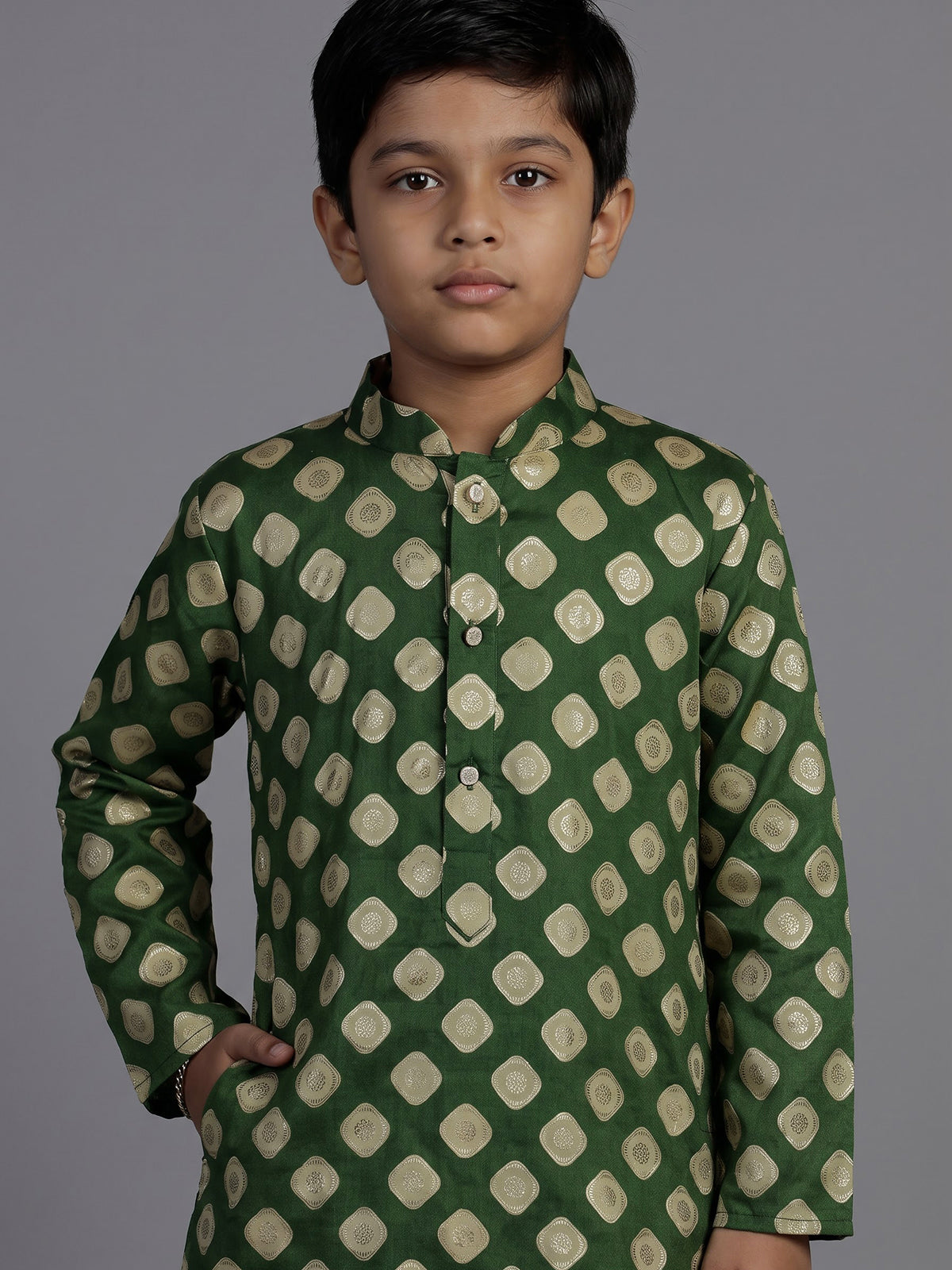 Mehendi green silk kurta suit for boys with zari printed charm